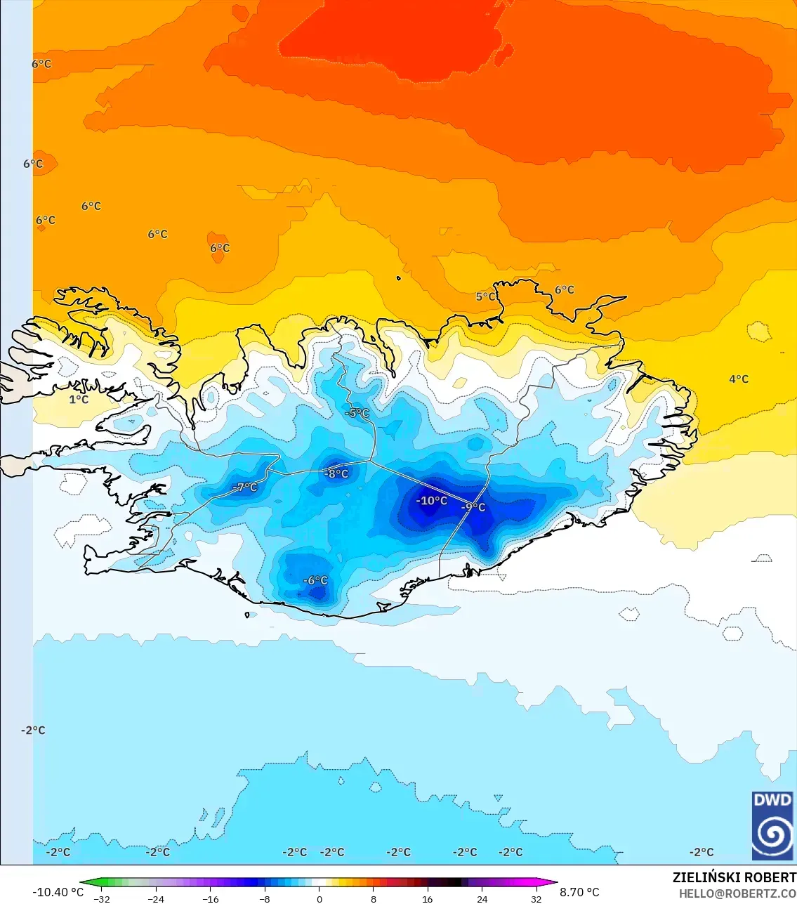 ICON model - Iceland, Anomali Suhu 850 hPa