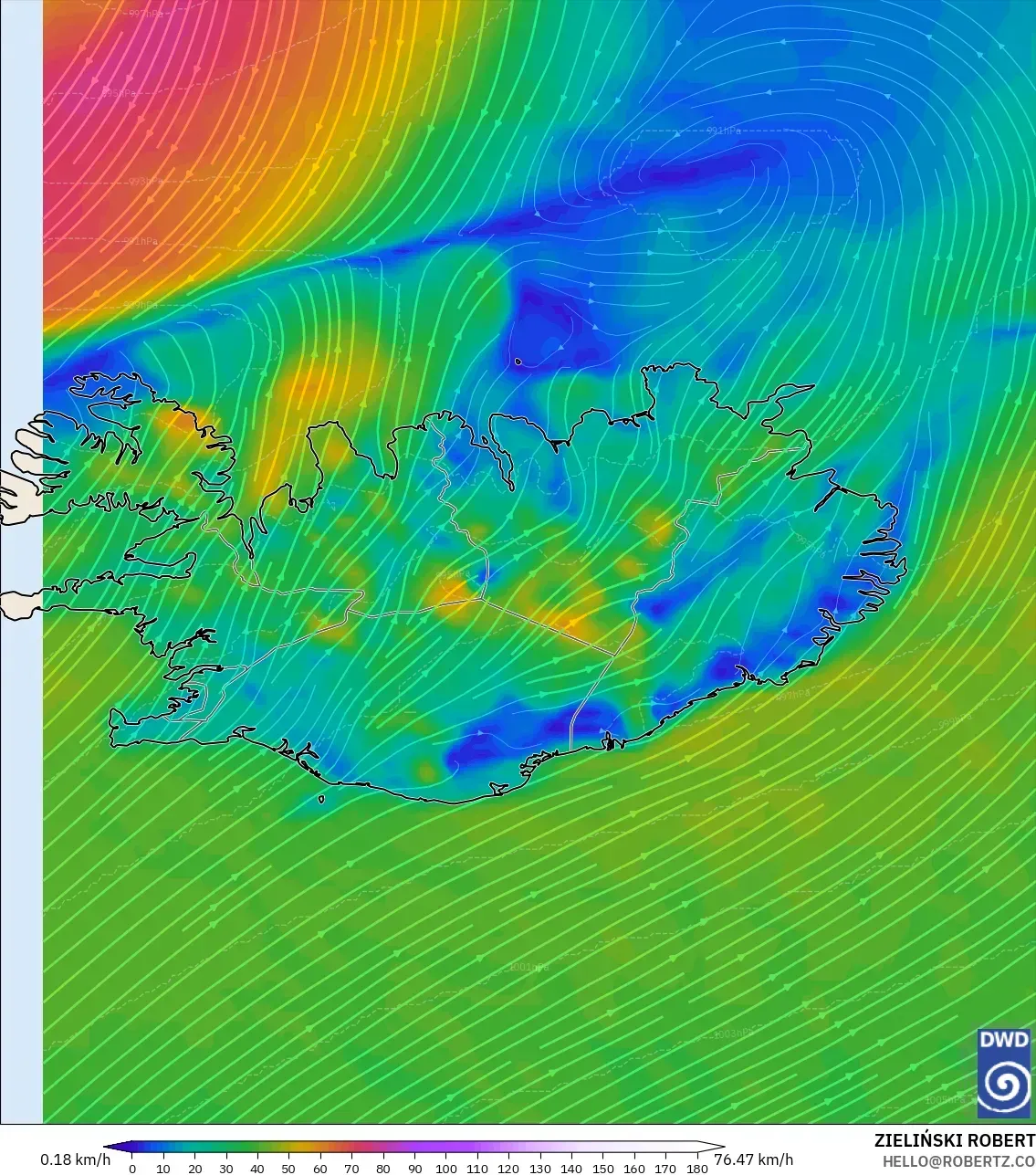 ICON model - Iceland, Angin 10 m