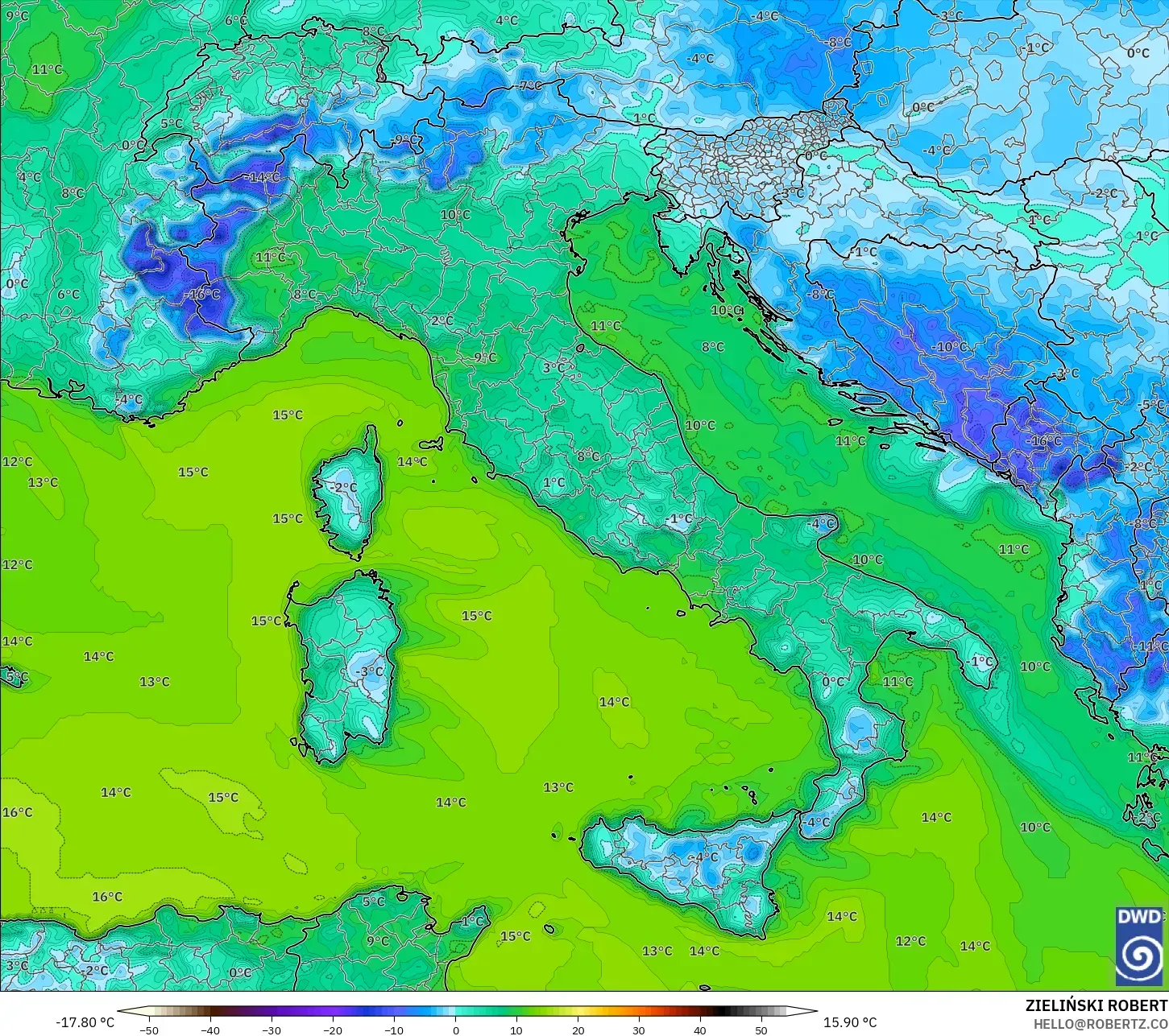 ICON modelo - Italy, Dewpoint at 2m