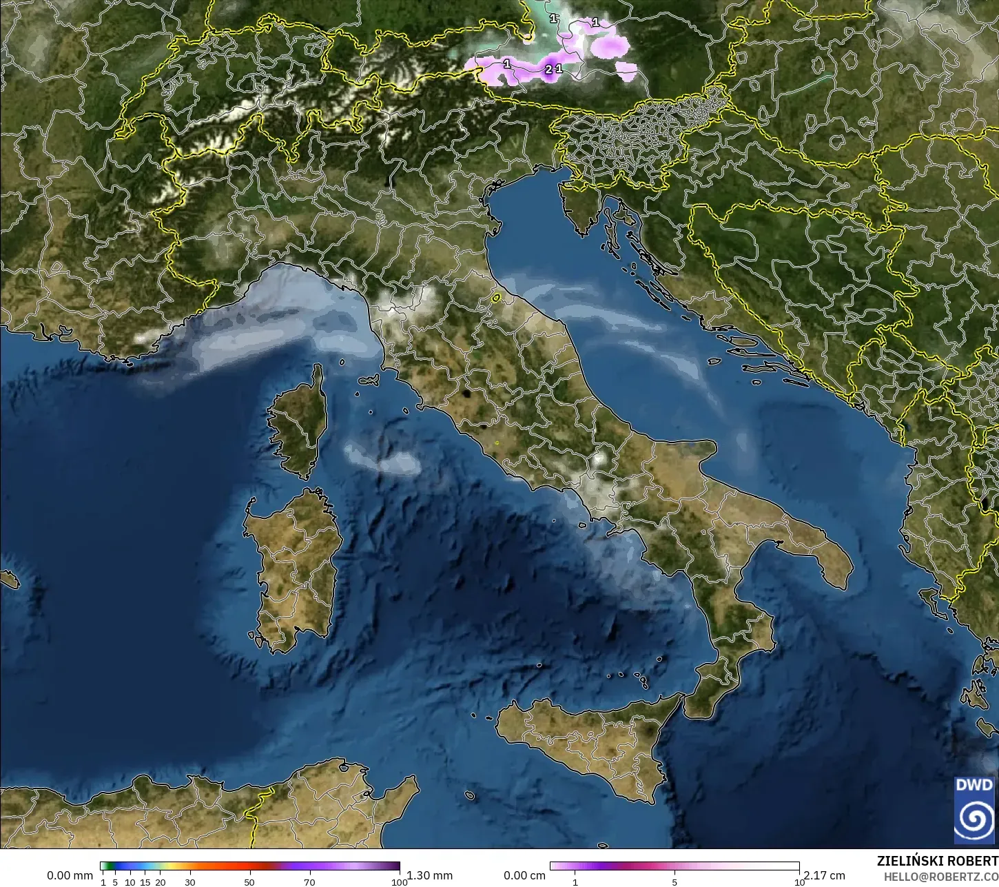 ICON modelo - Italy, Precipitation, Clouds, and Pressure