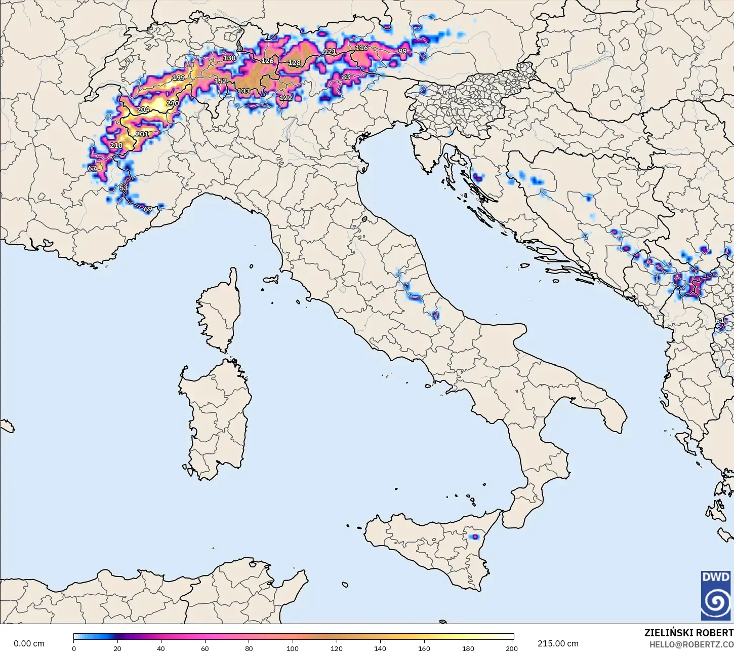 ICON model - Itali, Ketebalan Salji