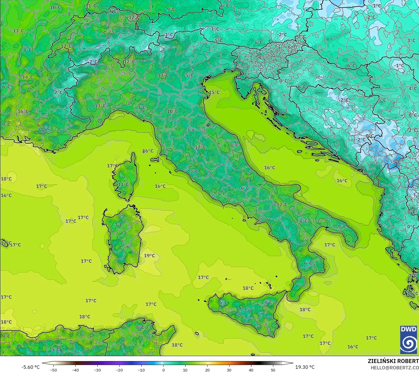 ICON model - Itali, Suhu pada 2 m