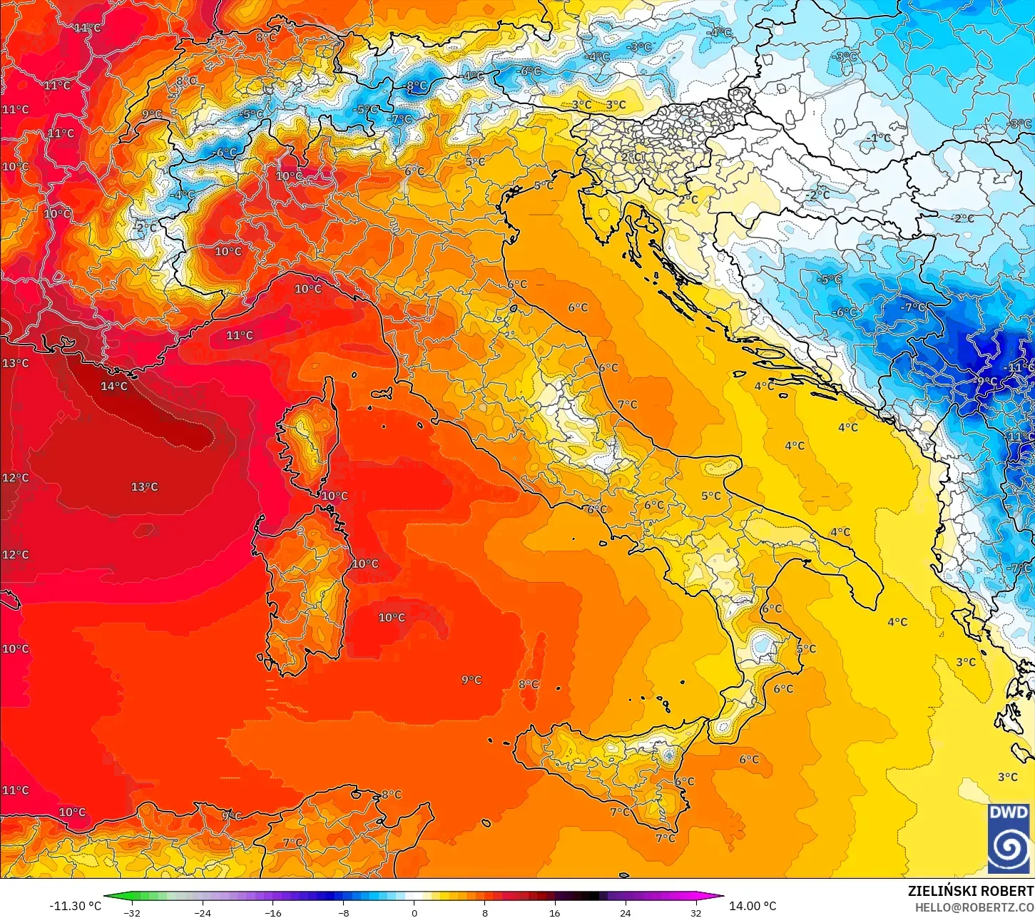 ICON model - Itali, Anomali Suhu 850 hPa