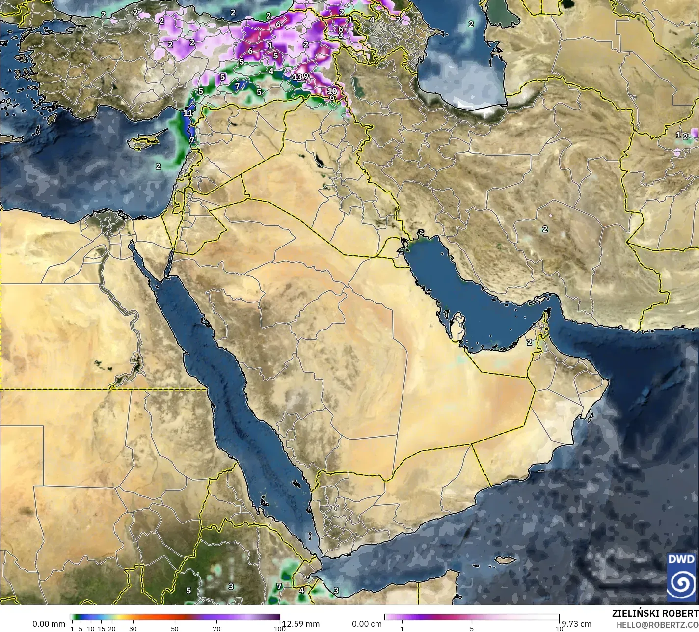 ICON modelo - Middle East, Precipitation, Clouds, and Pressure