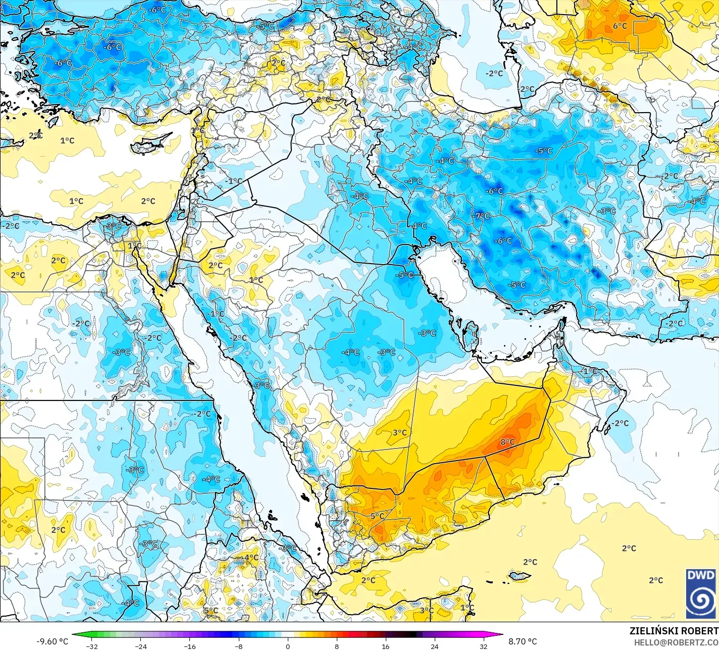 ICON model - Timur Tengah, Anomali Suhu 2 m