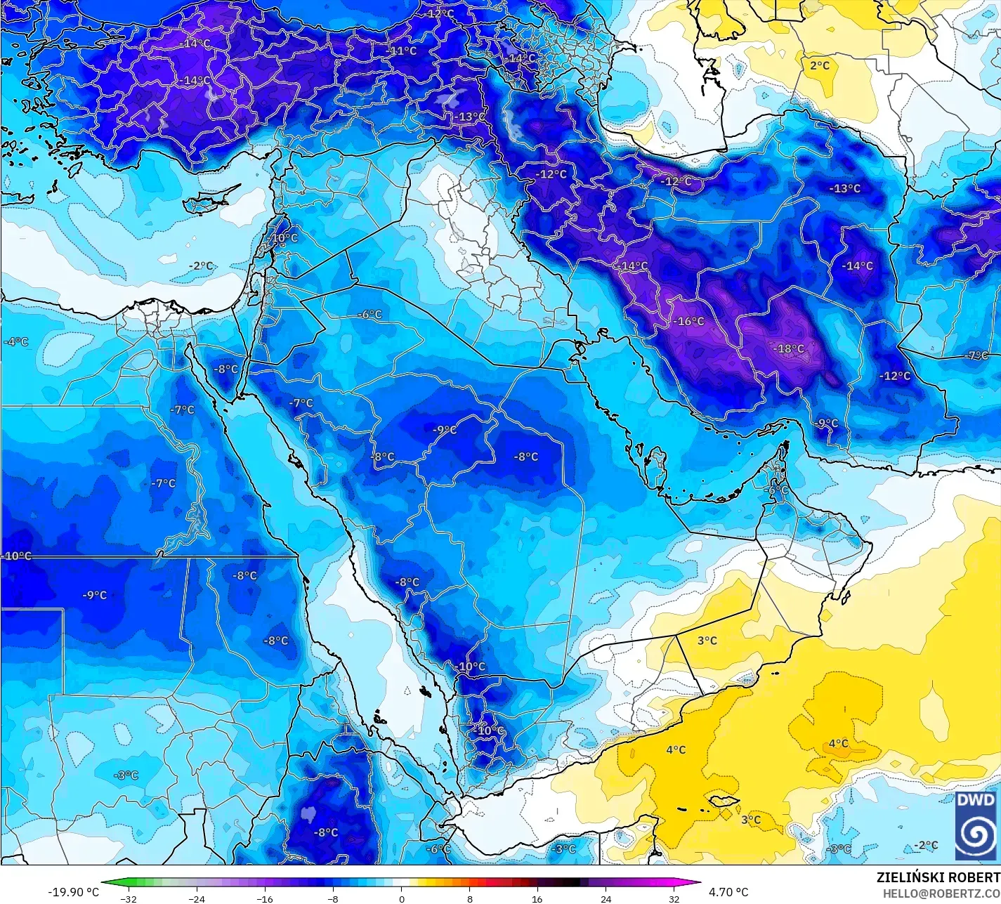 ICON model - Timur Tengah, Anomali Suhu 850 hPa
