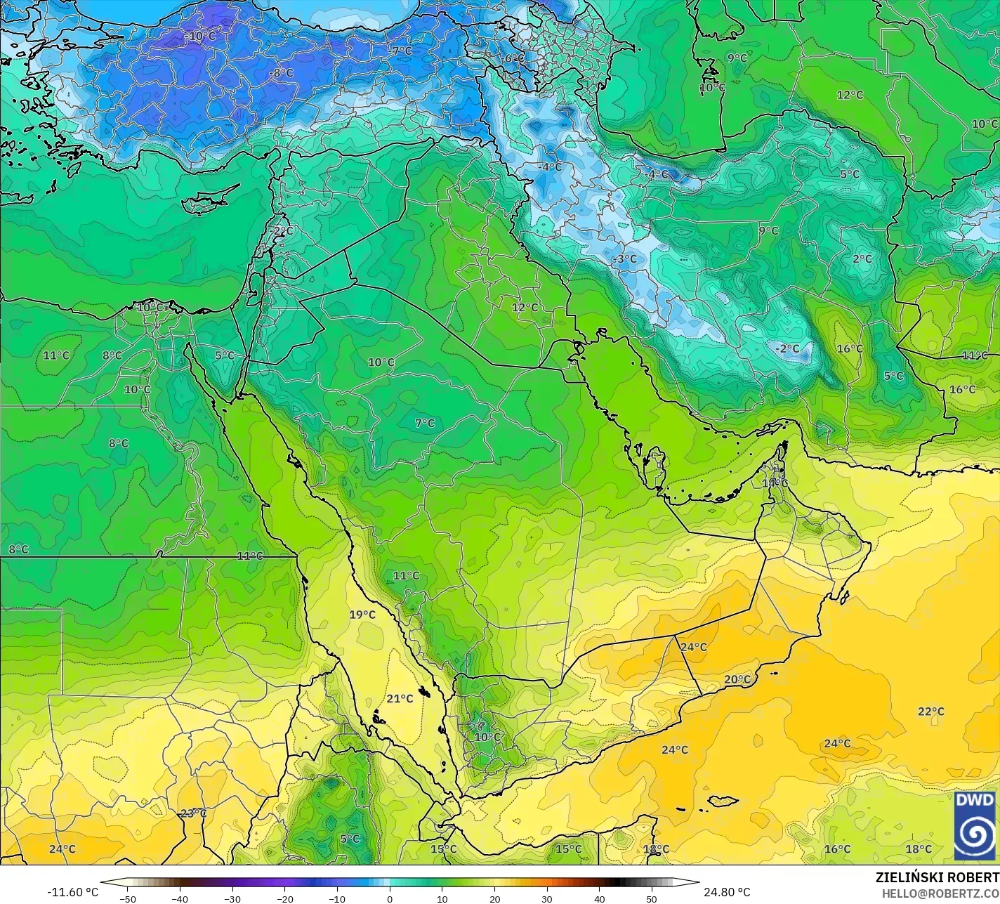ICON model - Timur Tengah, Suhu 850 hPa