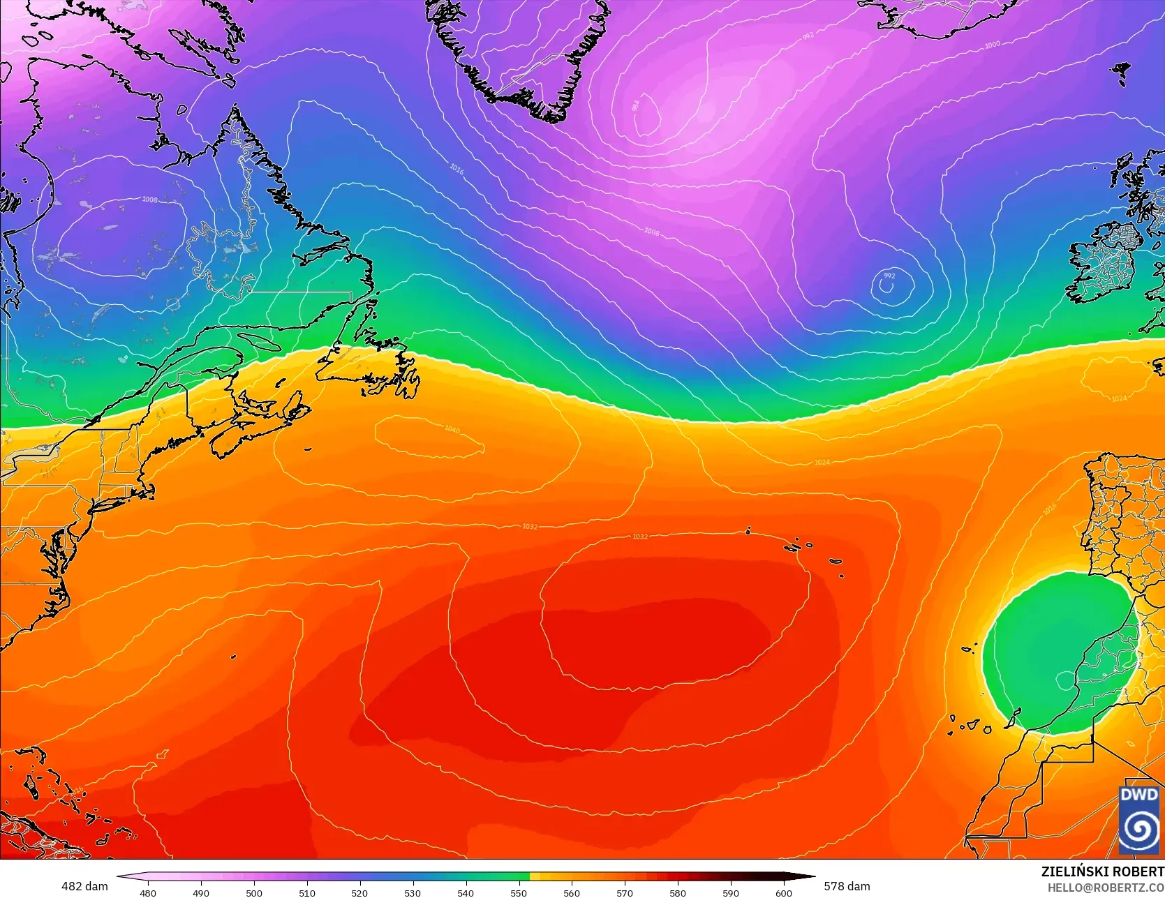 ICON model - Atlantik Utara, Ketinggian geopotensial pada 500 hPa
