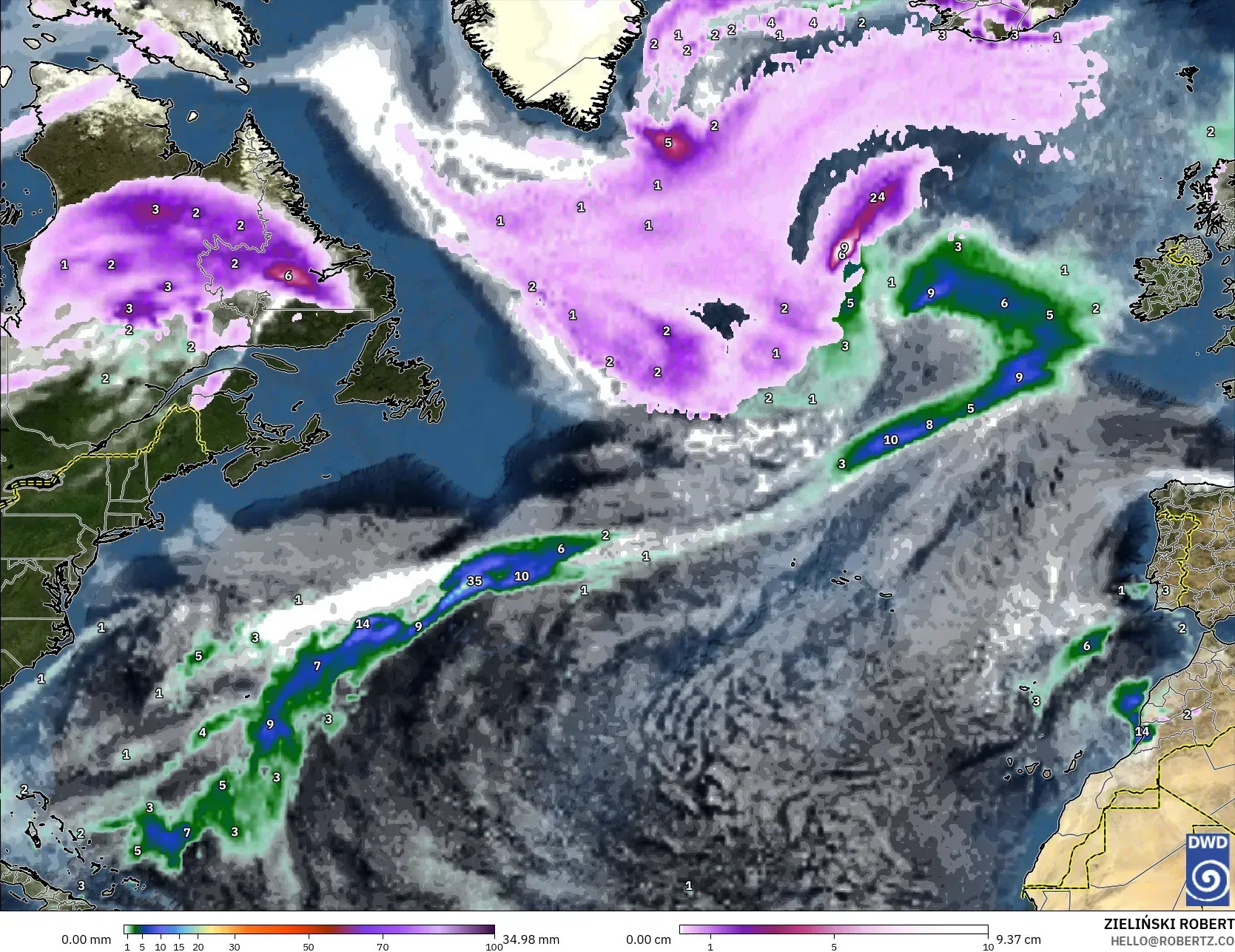 ICON model - Atlantik Utara, Hujan, Awan dan Tekanan