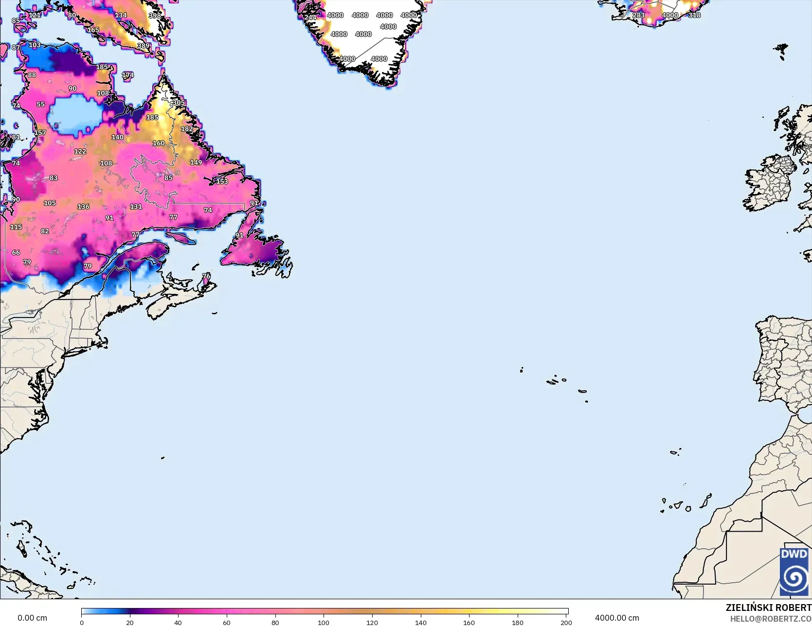 ICON model - Atlantik Utara, Ketebalan Salji