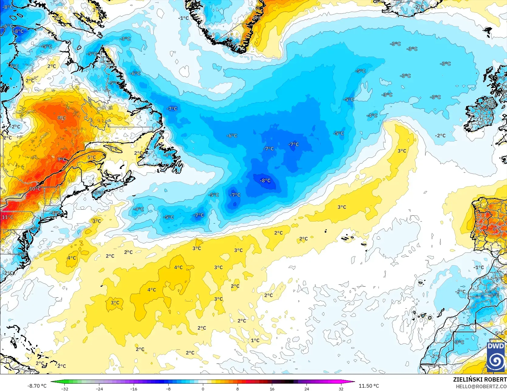 ICON model - Atlantik Utara, Anomali Suhu 2 m