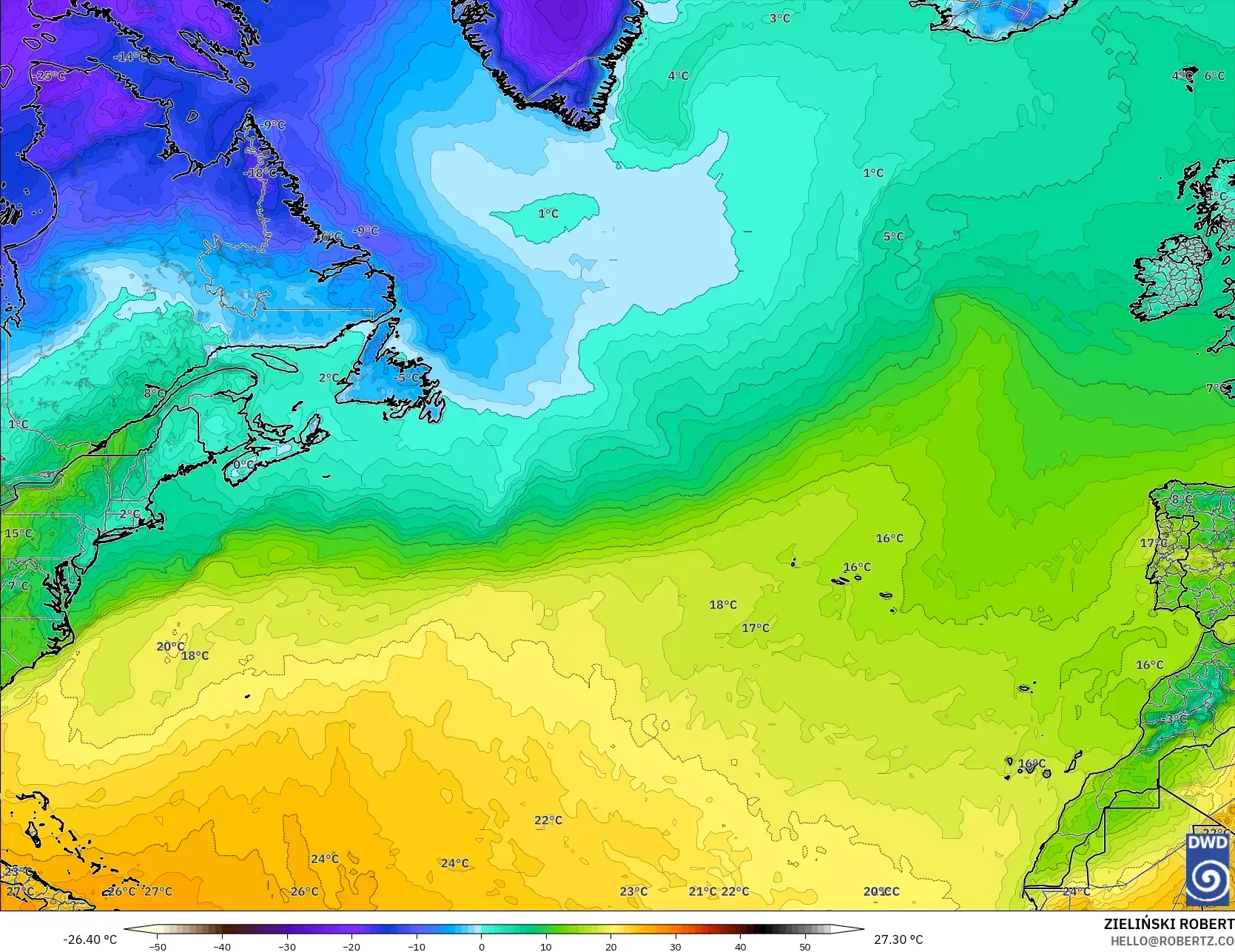 ICON model - Atlantik Utara, Suhu pada 2 m
