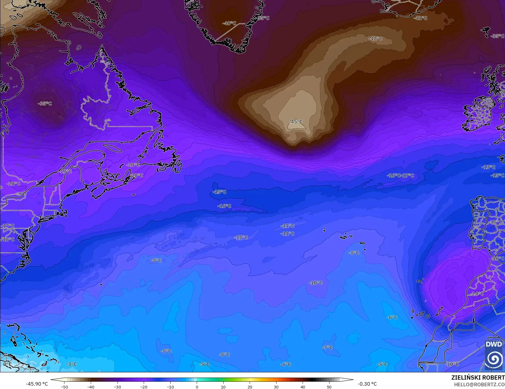 ICON modelo - North Atlantic, Temperature at 500hPa