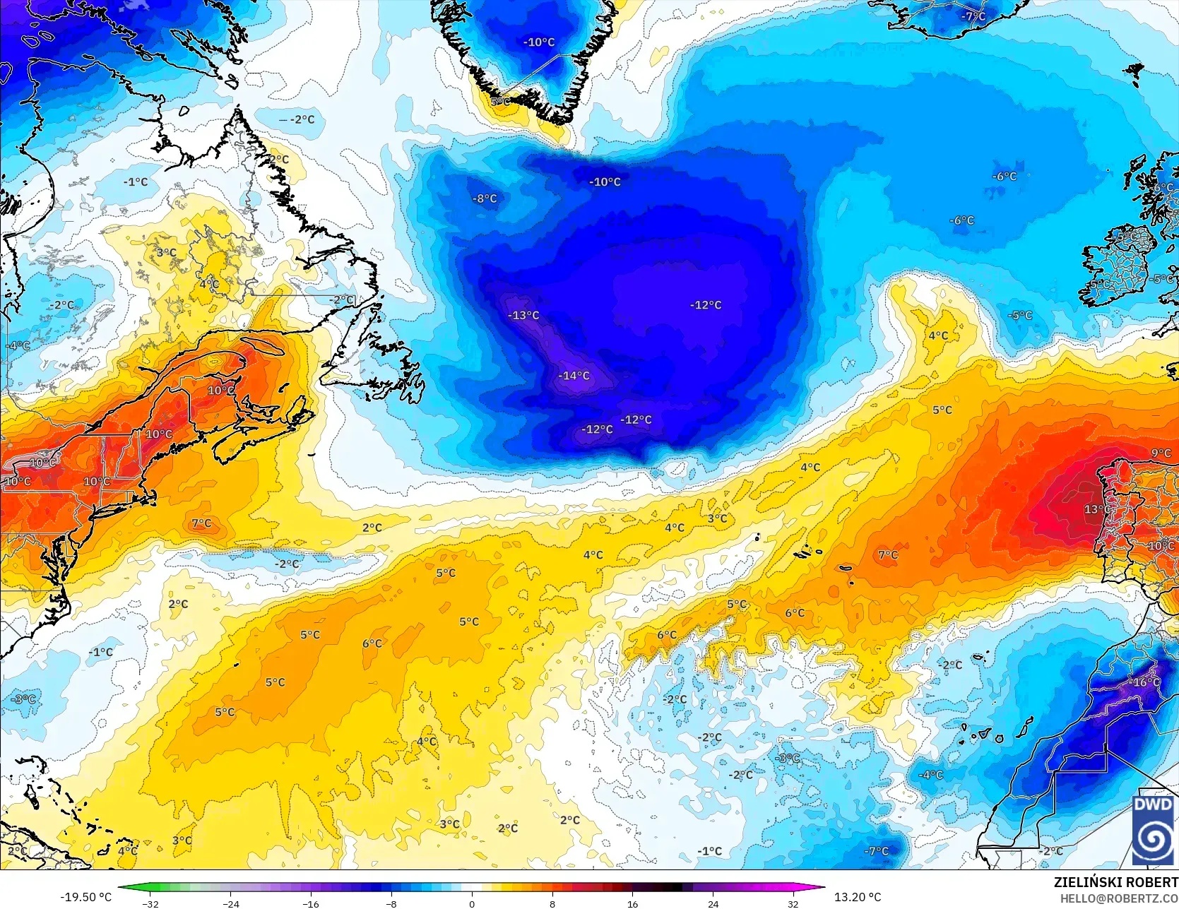 ICON model - Atlantik Utara, Anomali Suhu 850 hPa