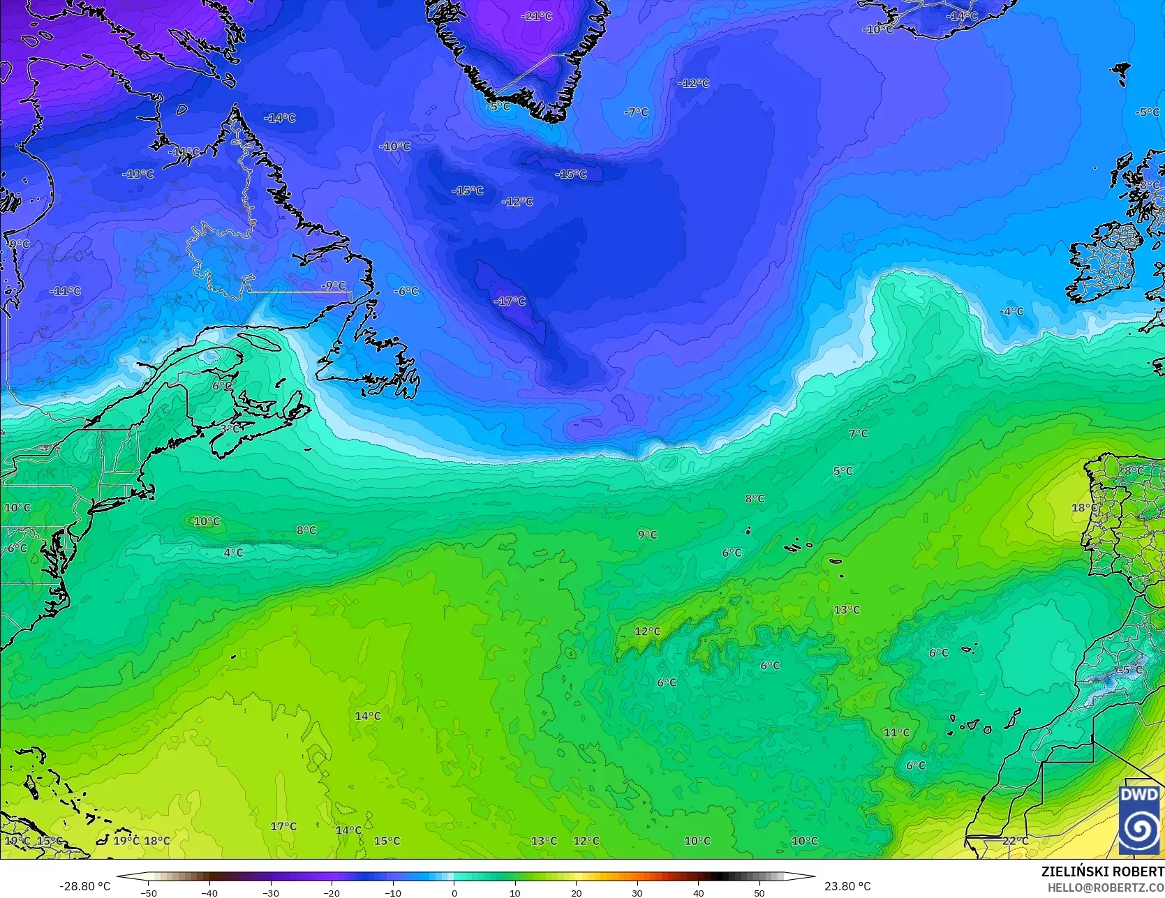 ICON model - Atlantik Utara, Suhu 850 hPa