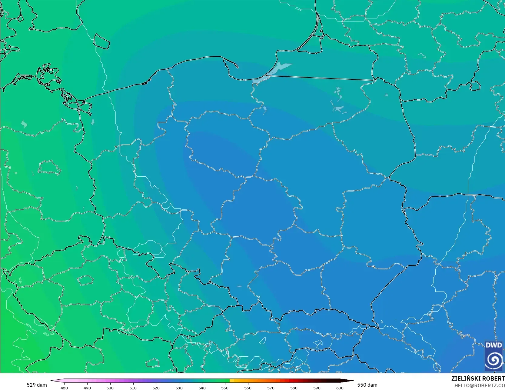 ICON modelo - Poland, Geopotential height at 500hPa