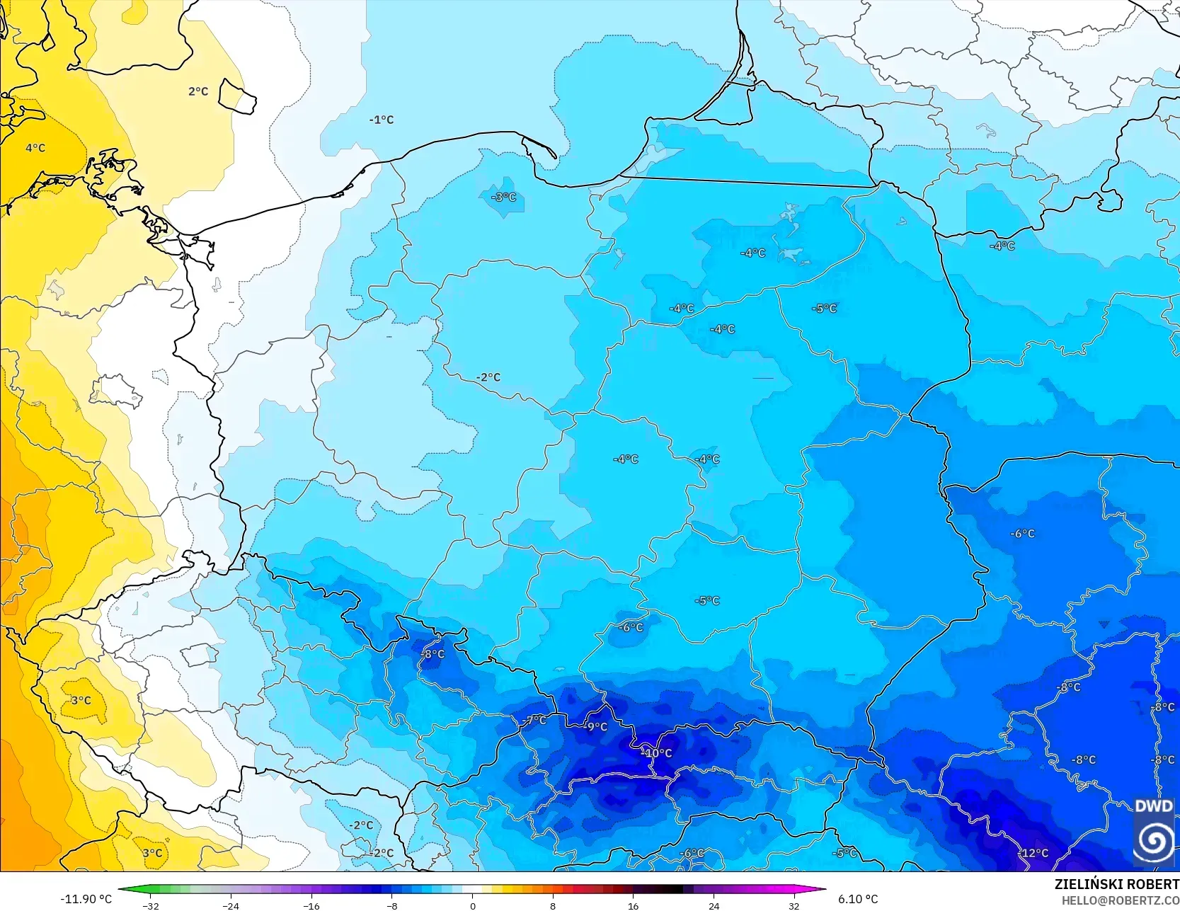 ICON modelo - Poland, Temperature at 850hPa Anomaly