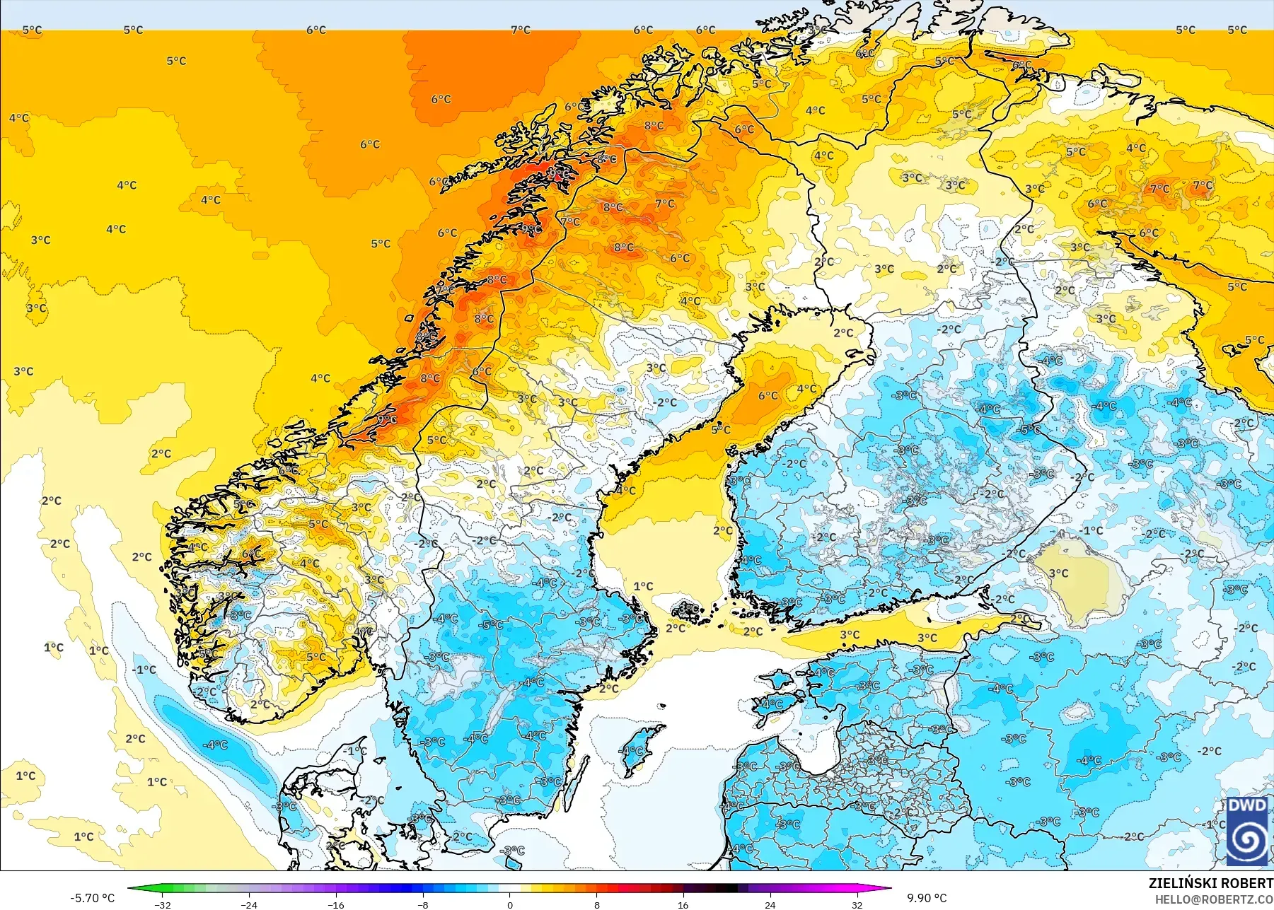 ICON model - Skandinavia, Anomali Suhu 2 m