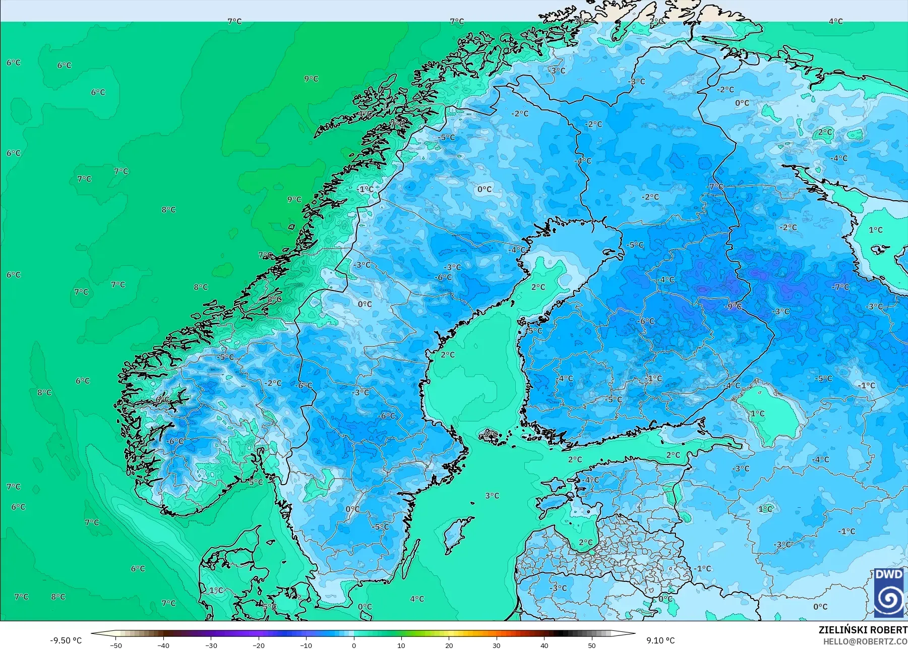 ICON model - Skandinavia, Suhu pada 2 m