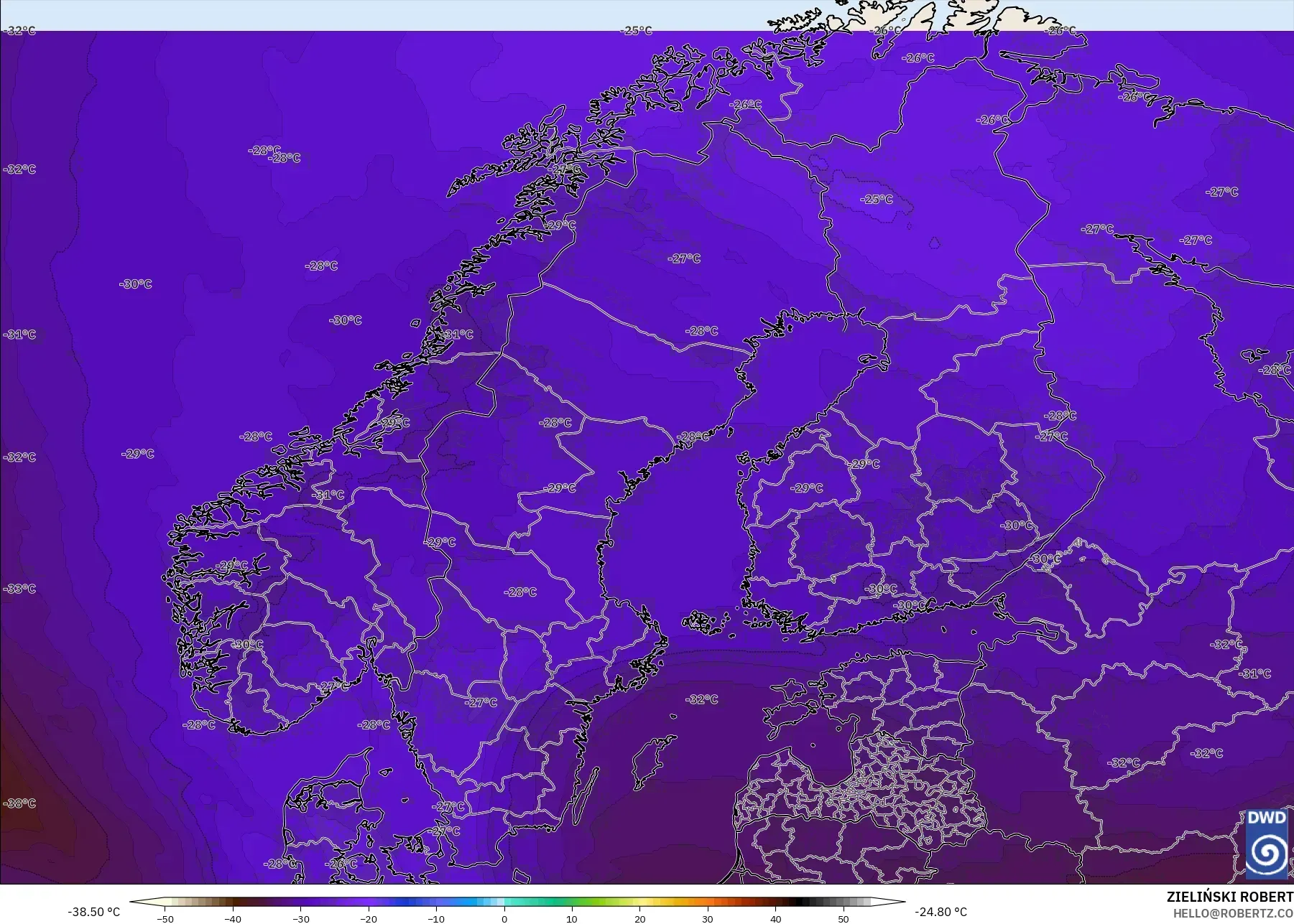 ICON model - Skandinavia, Suhu 500 hPa