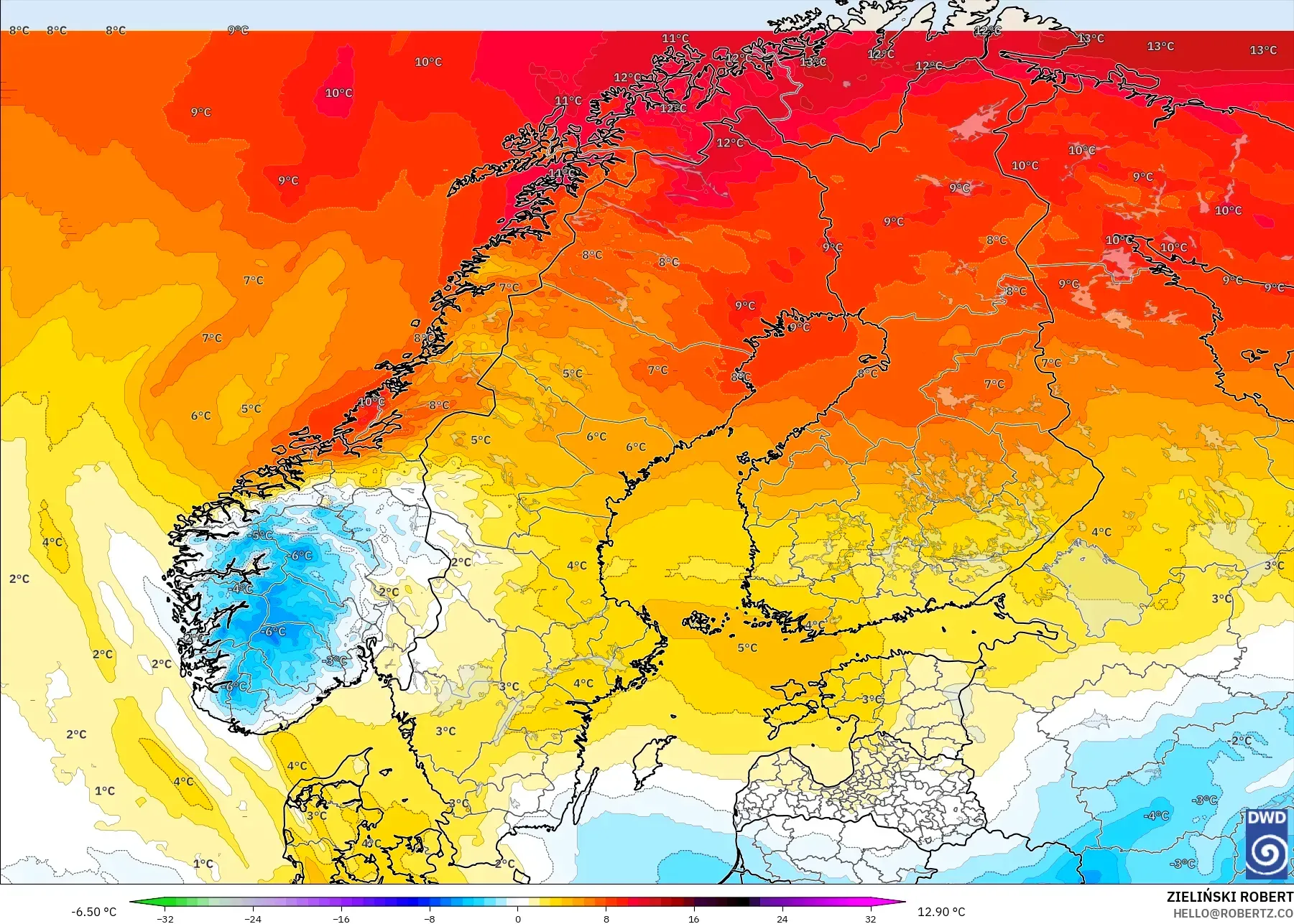 ICON model - Skandinavia, Anomali Suhu 850 hPa