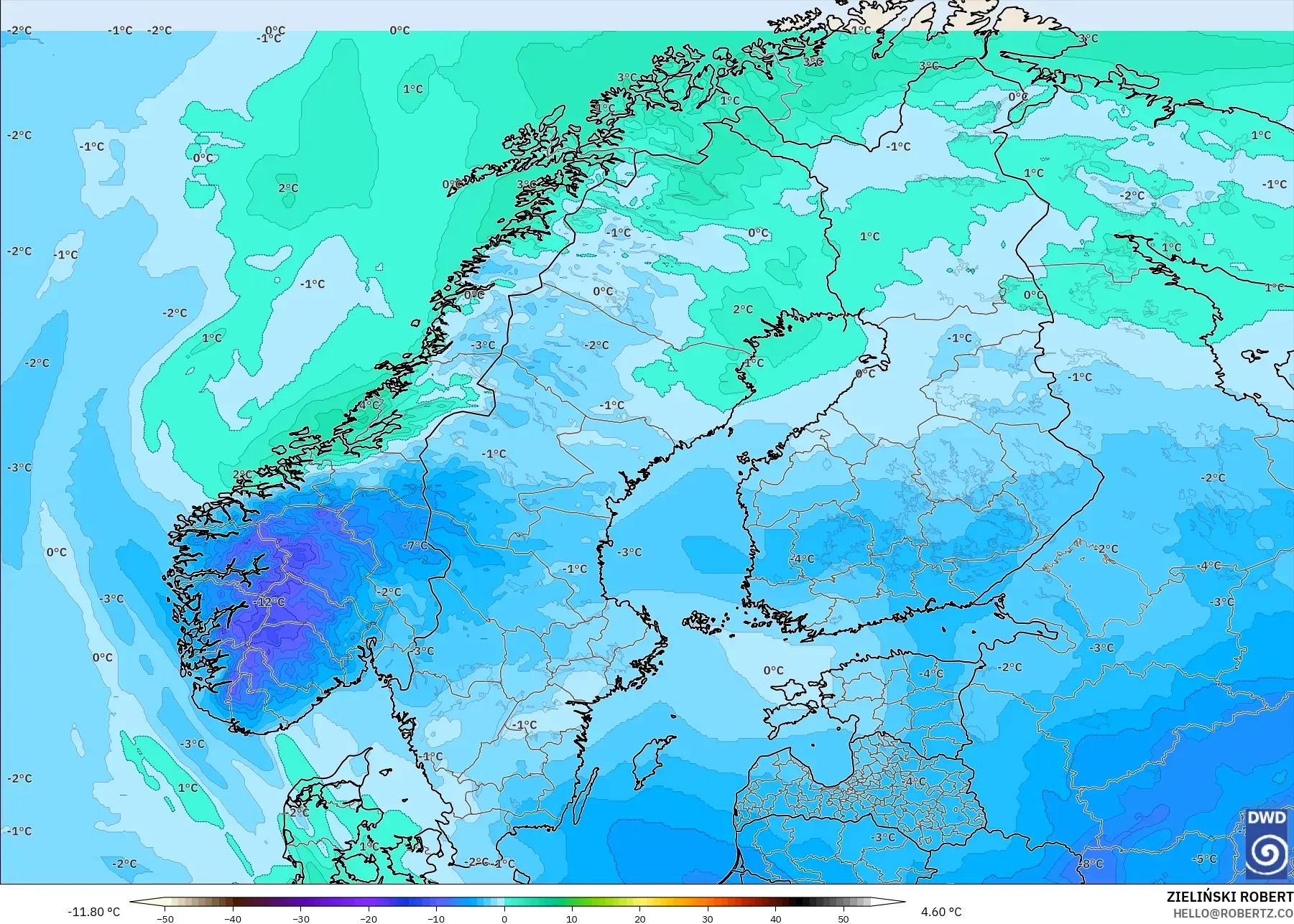ICON model - Skandinavia, Suhu 850 hPa