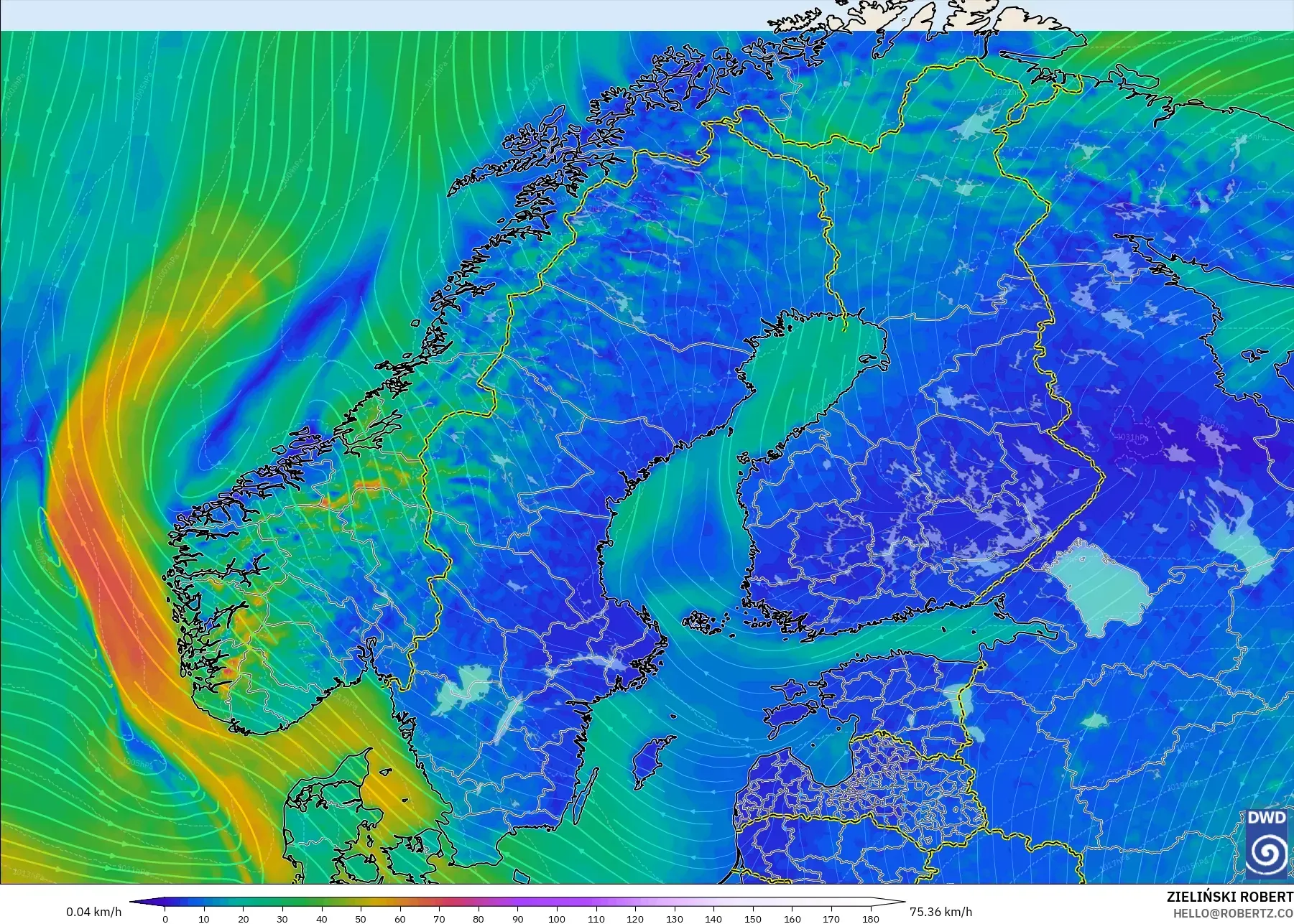 ICON model - Skandinavia, Angin 10 m
