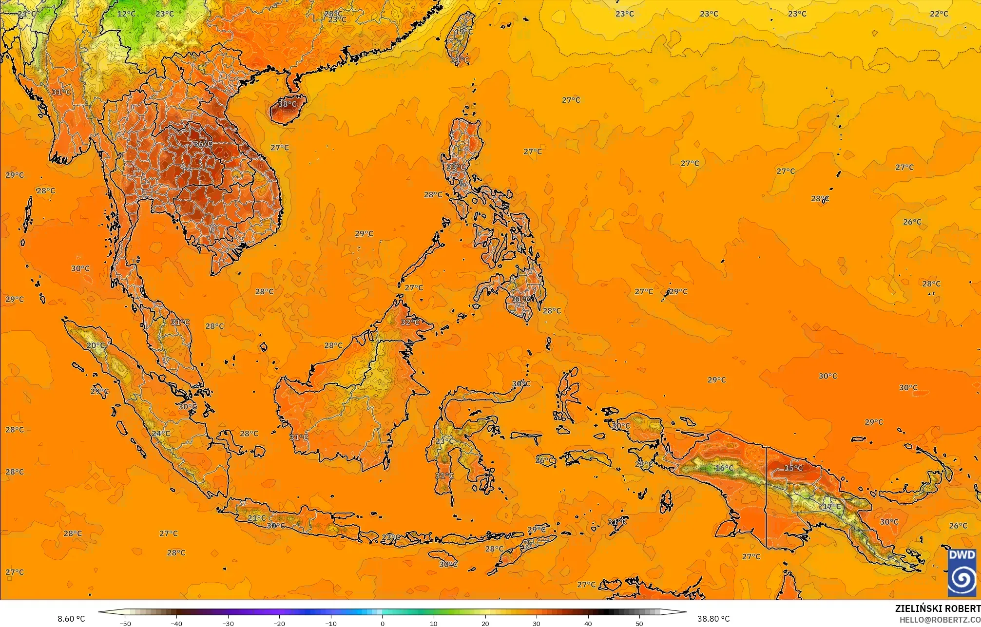 ICON model - Asia Tenggara, Suhu pada 2 m