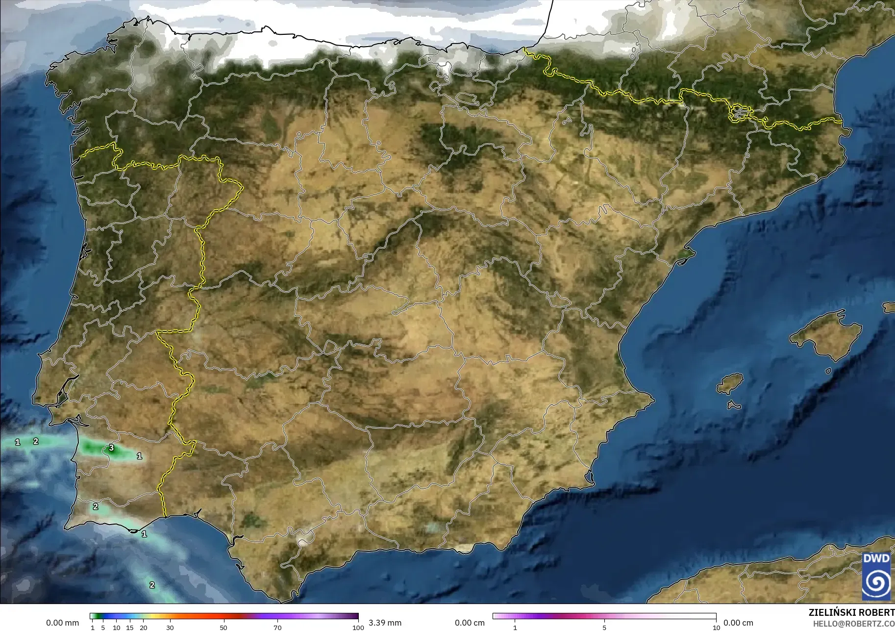ICON modelo - Spain, Precipitation, Clouds, and Pressure