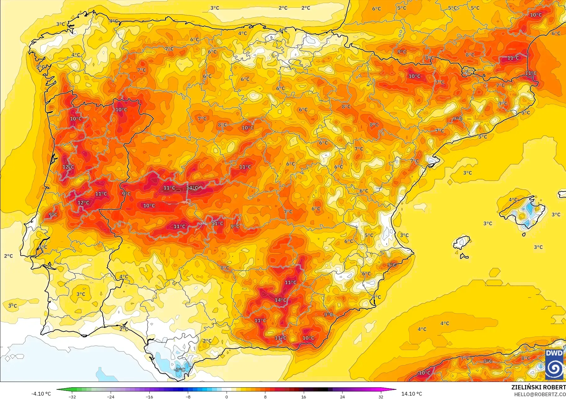 ICON model - Sepanyol, Anomali Suhu 2 m