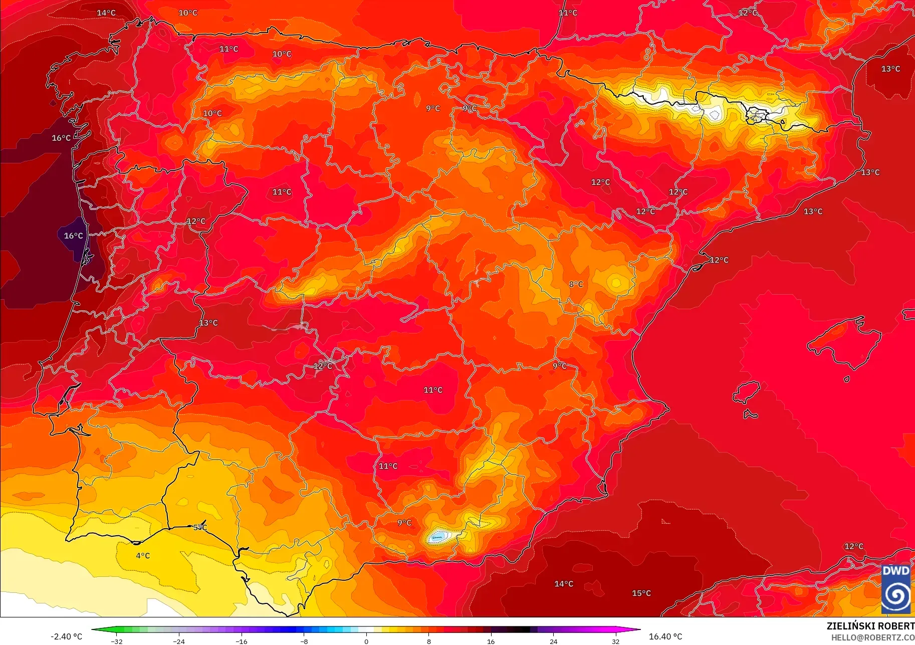 ICON modelo - Spain, Temperature at 850hPa Anomaly