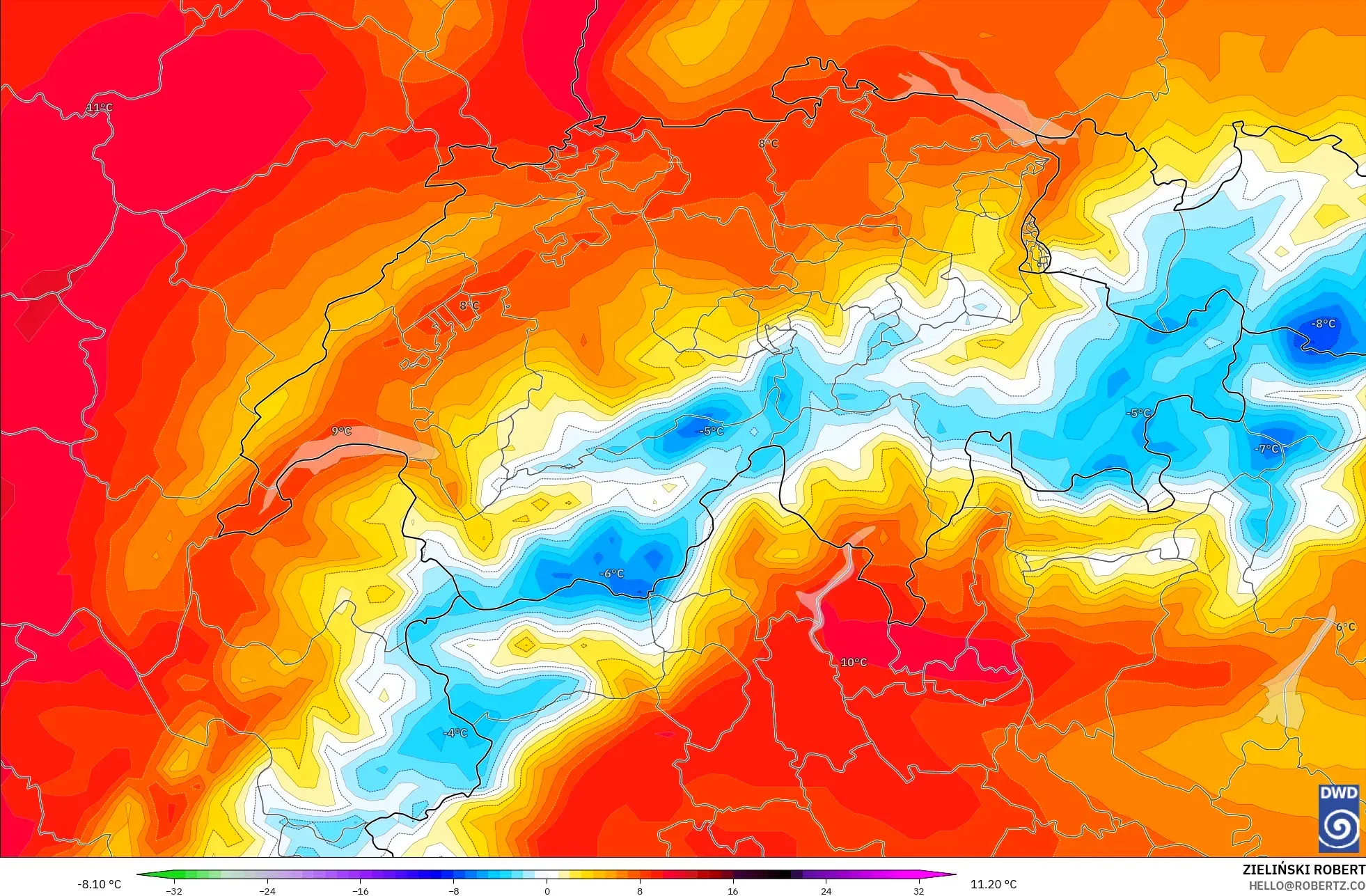 ICON model - Switzerland, Anomali Suhu 850 hPa