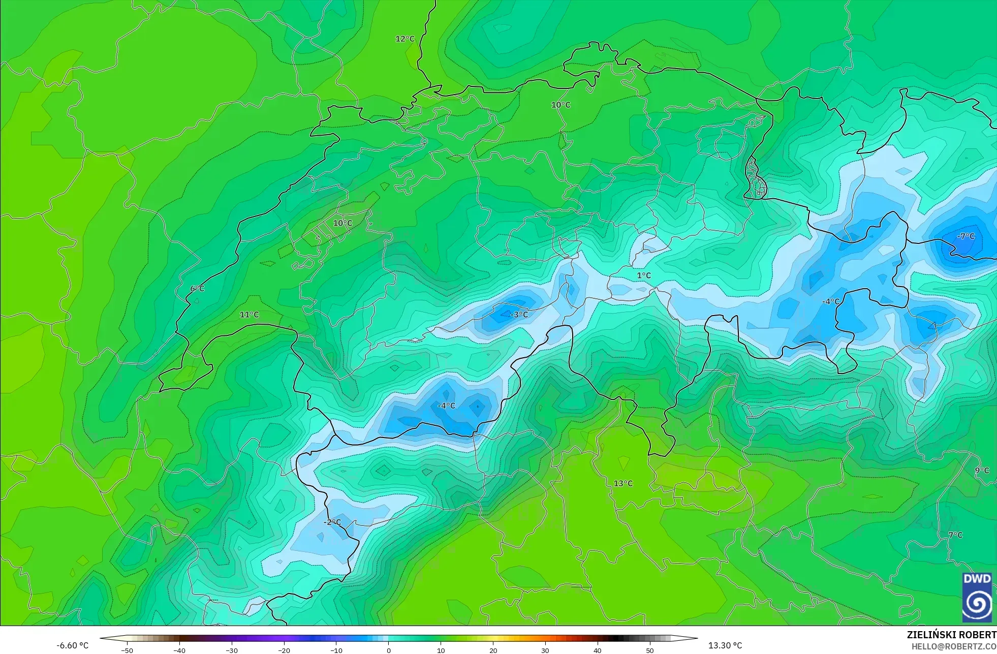 ICON model - Switzerland, Suhu 850 hPa