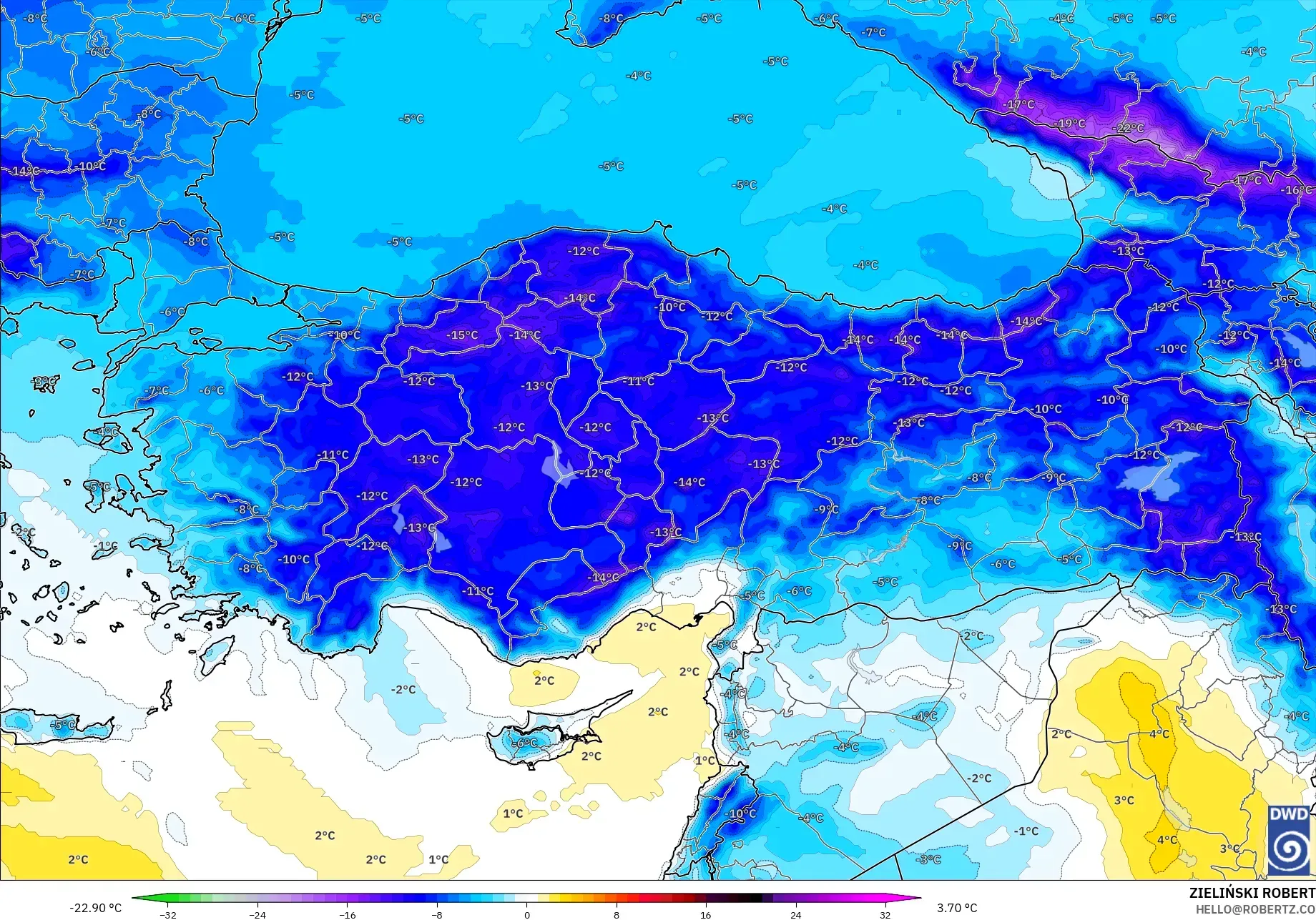 ICON modelo - Turkey, Temperature at 850hPa Anomaly