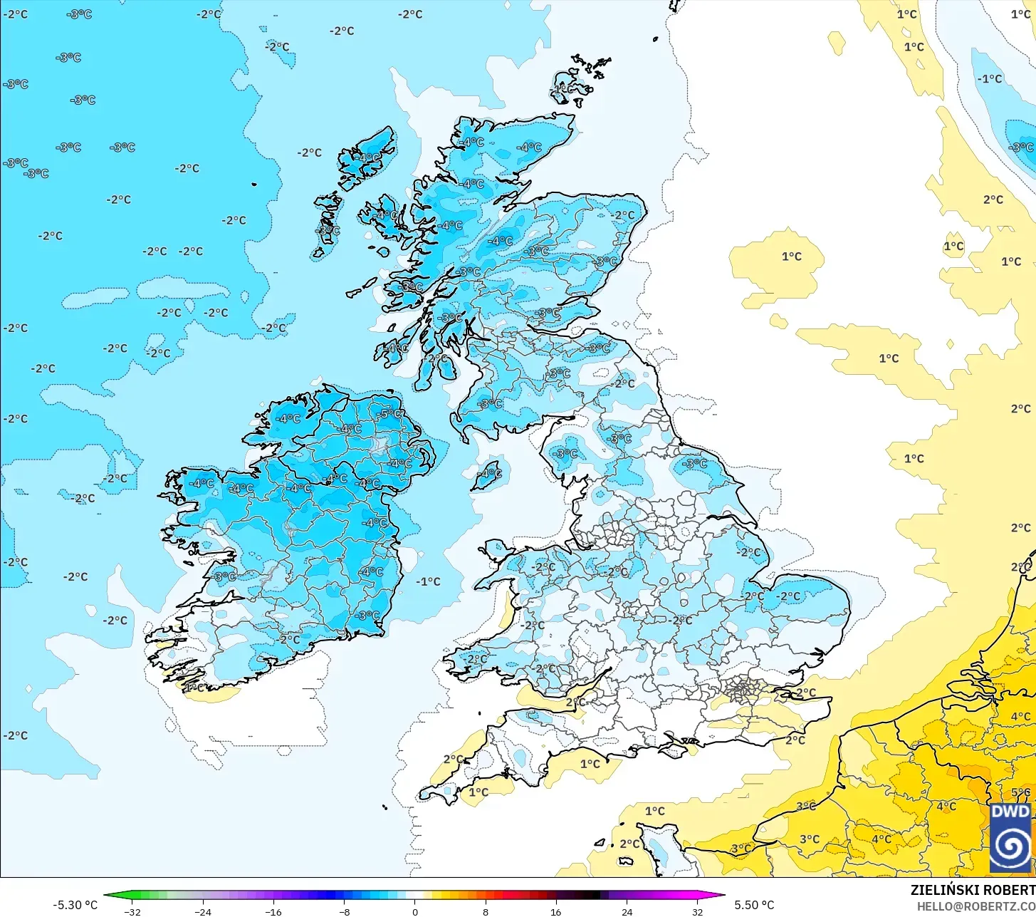 ICON modelo - United Kingdom, Temperature at 2m Anomaly