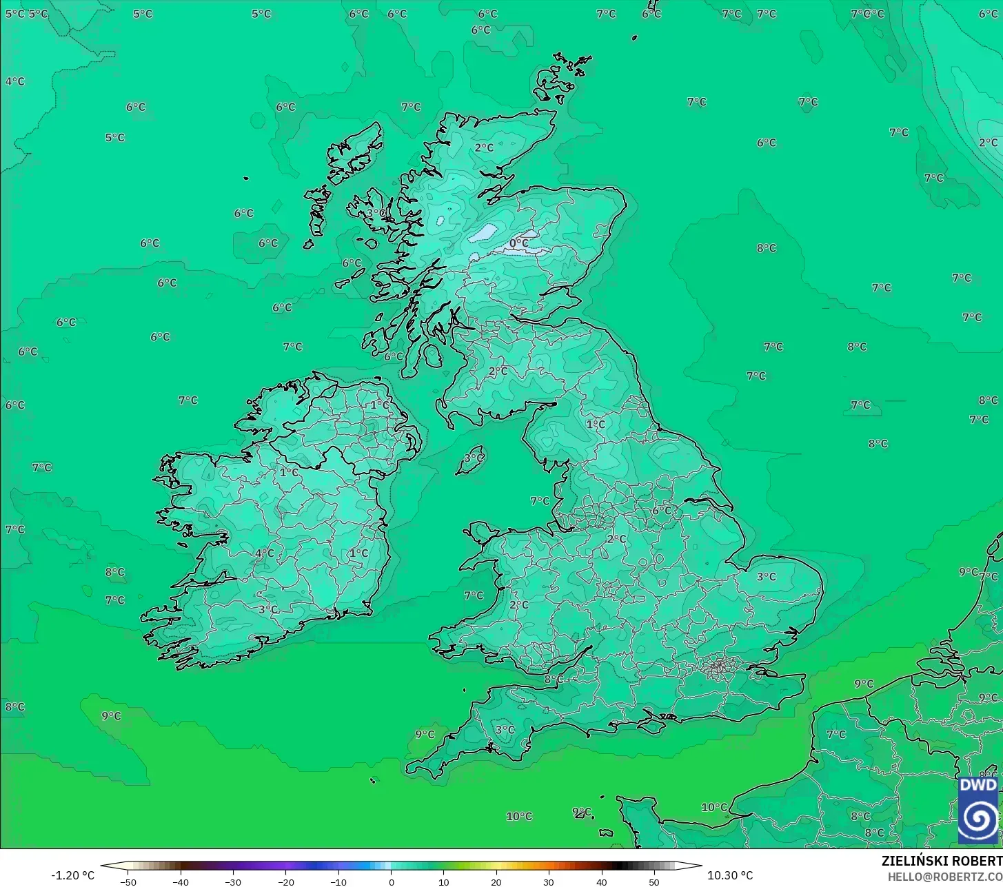 ICON model - United Kingdom, Suhu pada 2 m