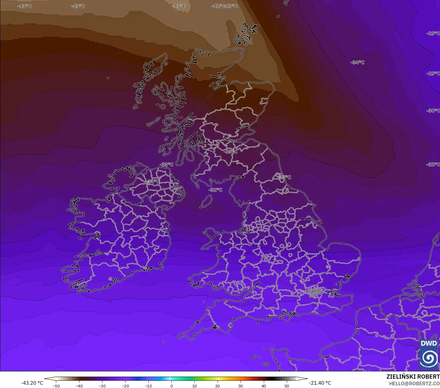 ICON modelo - United Kingdom, Temperature at 500hPa