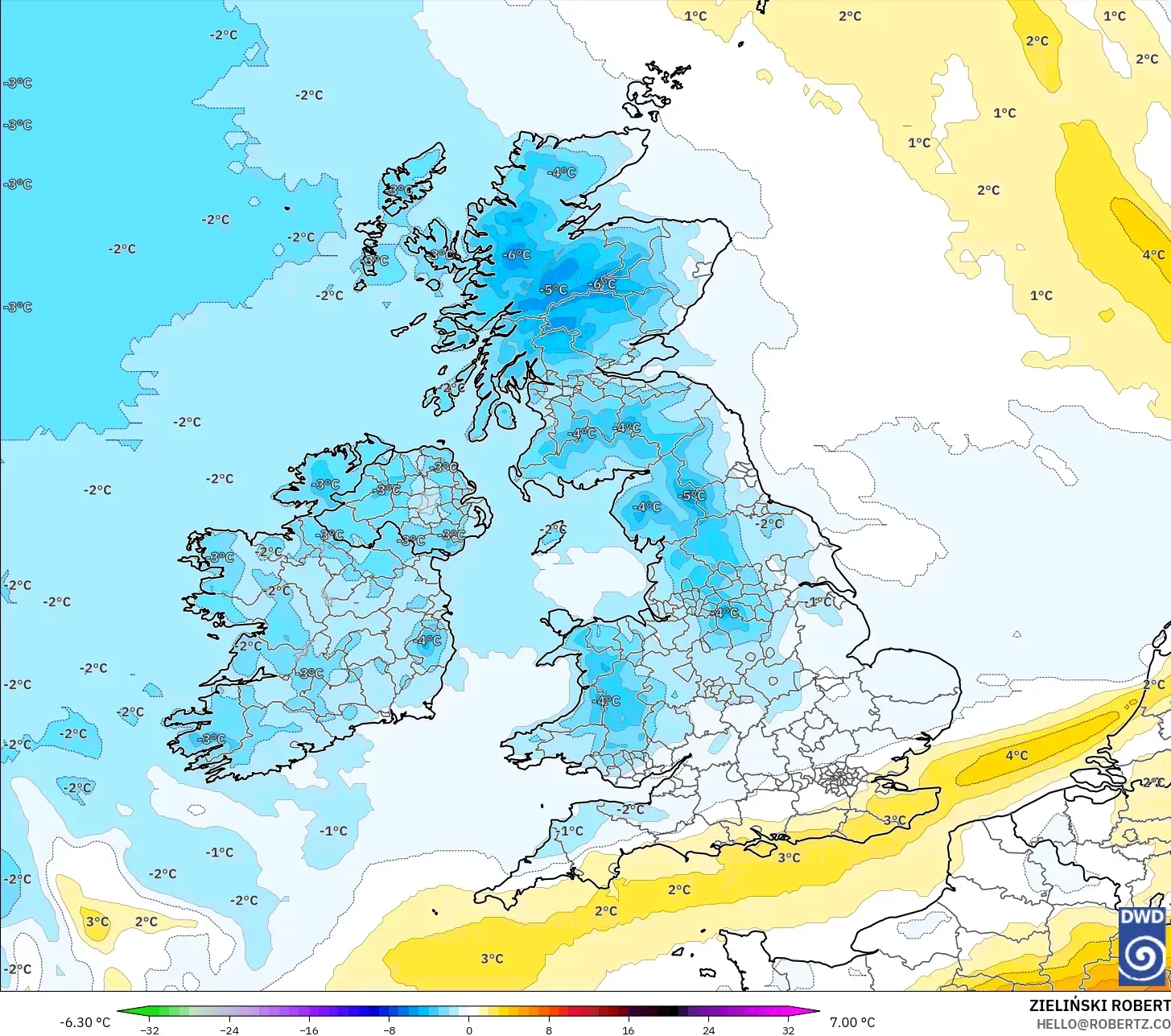 ICON model - United Kingdom, Anomali Suhu 850 hPa