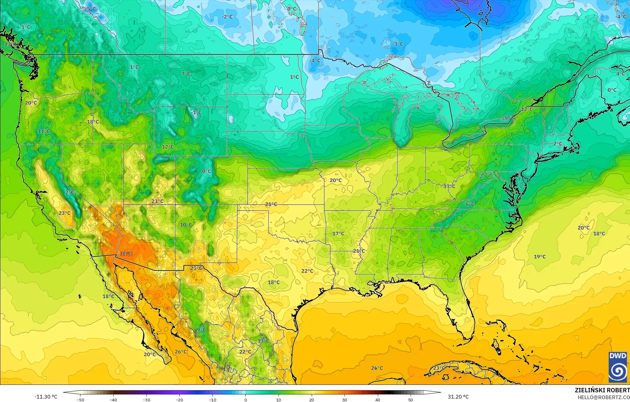 ICON model - Amerika Syarikat, Suhu pada 2 m