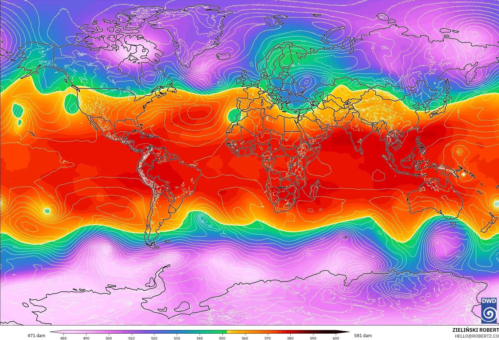 ICON modelo - World, Geopotential height at 500hPa