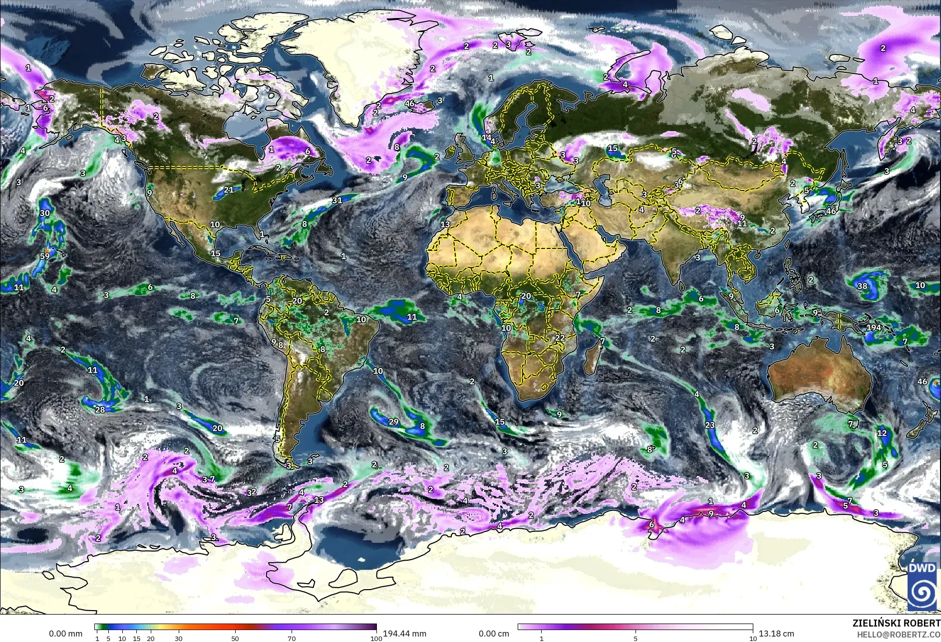 ICON modelo - World, Precipitation, Clouds, and Pressure