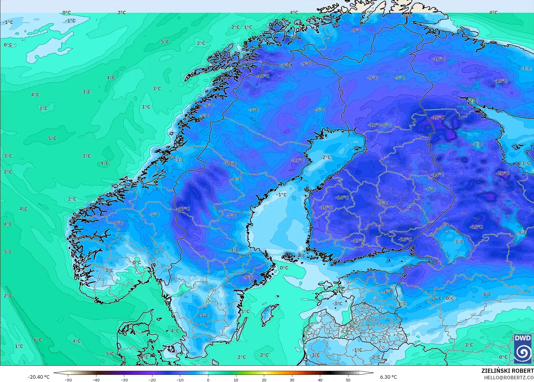 ICON model - Scandinavia, Dewpoint at 2m