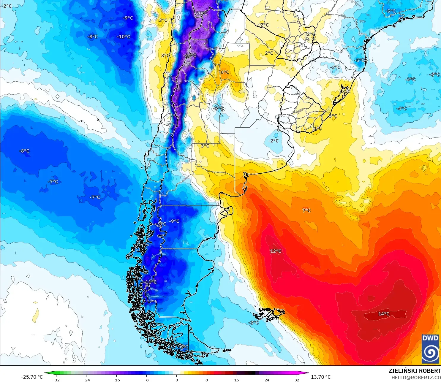 ICON model - Argentina, Anomali Suhu 850 hPa