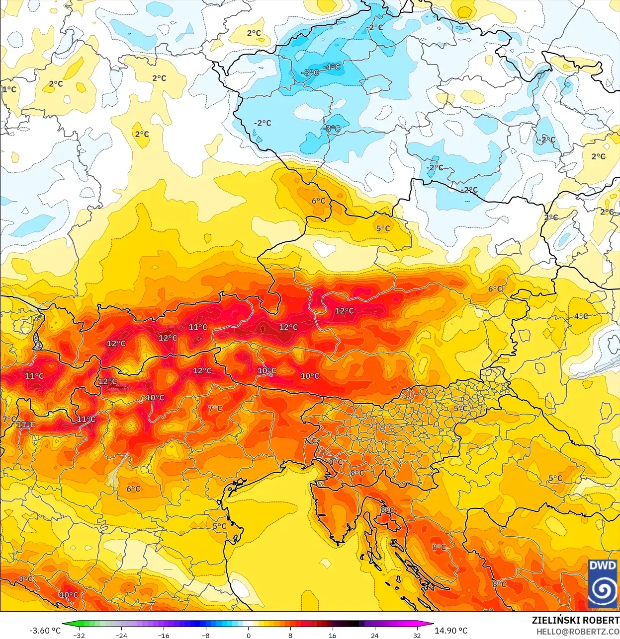 ICON model - Austria, Anomali Suhu 2 m
