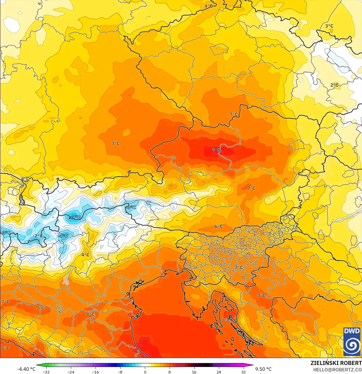 ICON model - Austria, Anomali Suhu 850 hPa