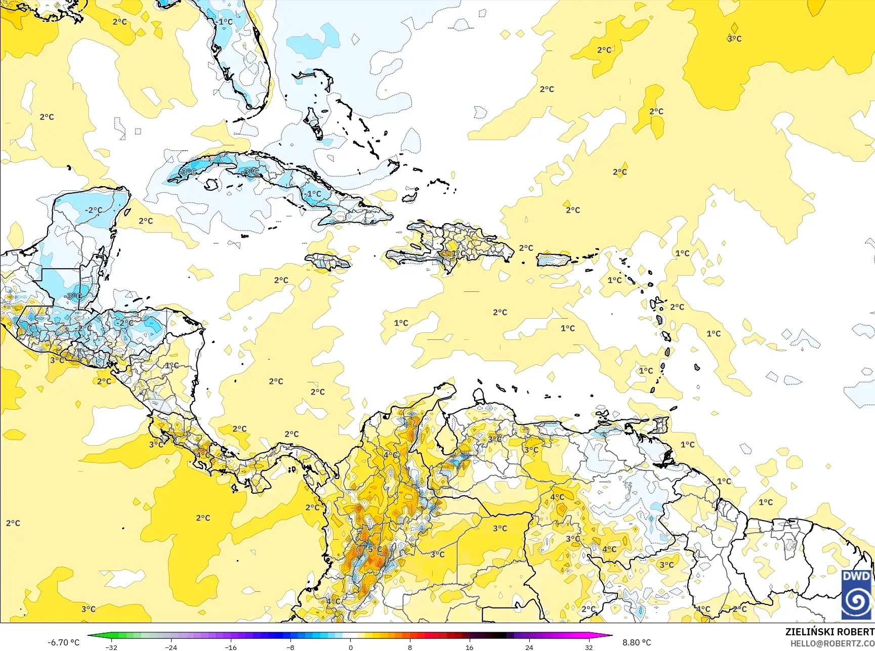 ICON model - Karibia, Anomali Suhu 2 m