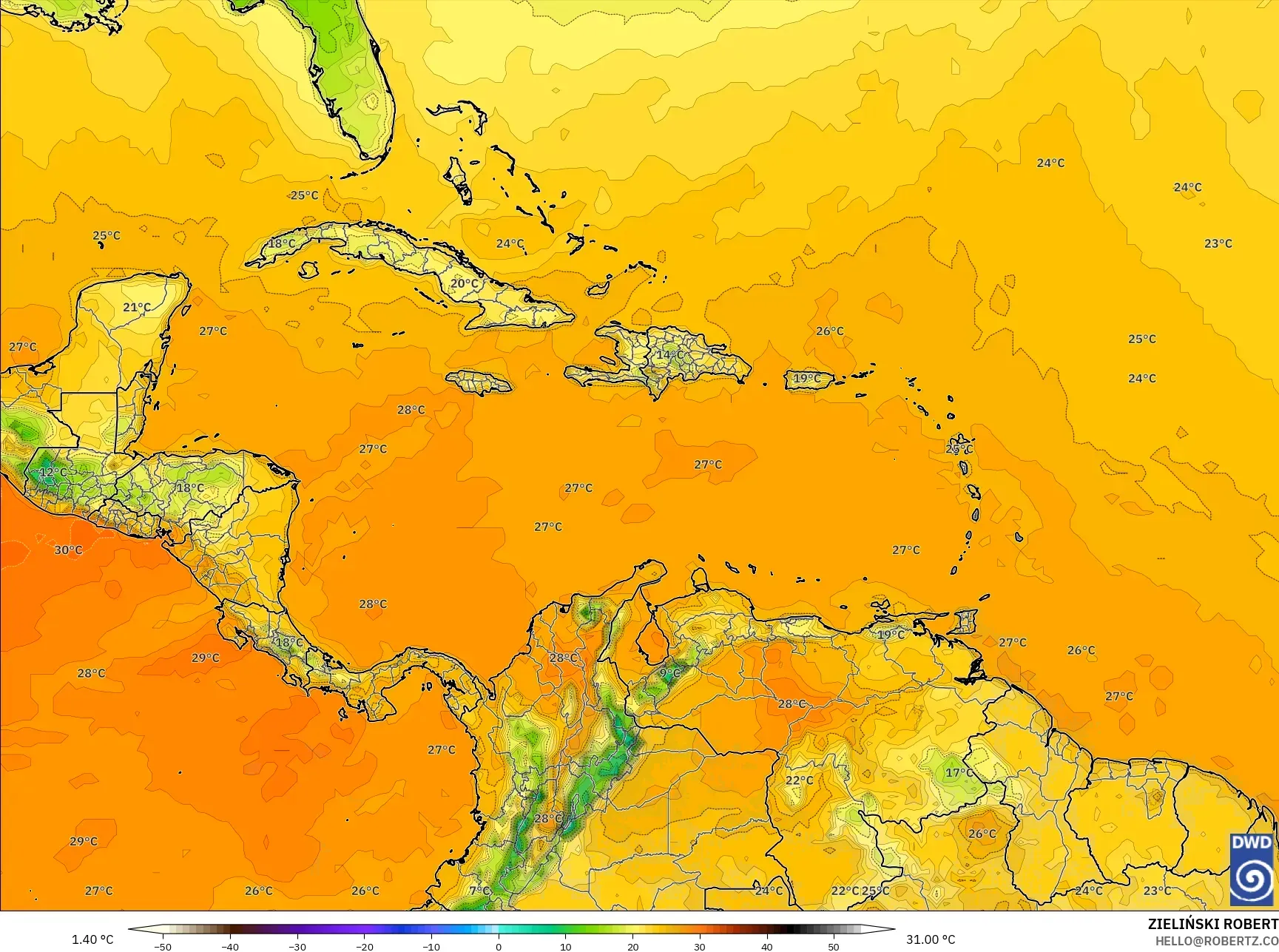 ICON model - Karibia, Suhu 2 m
