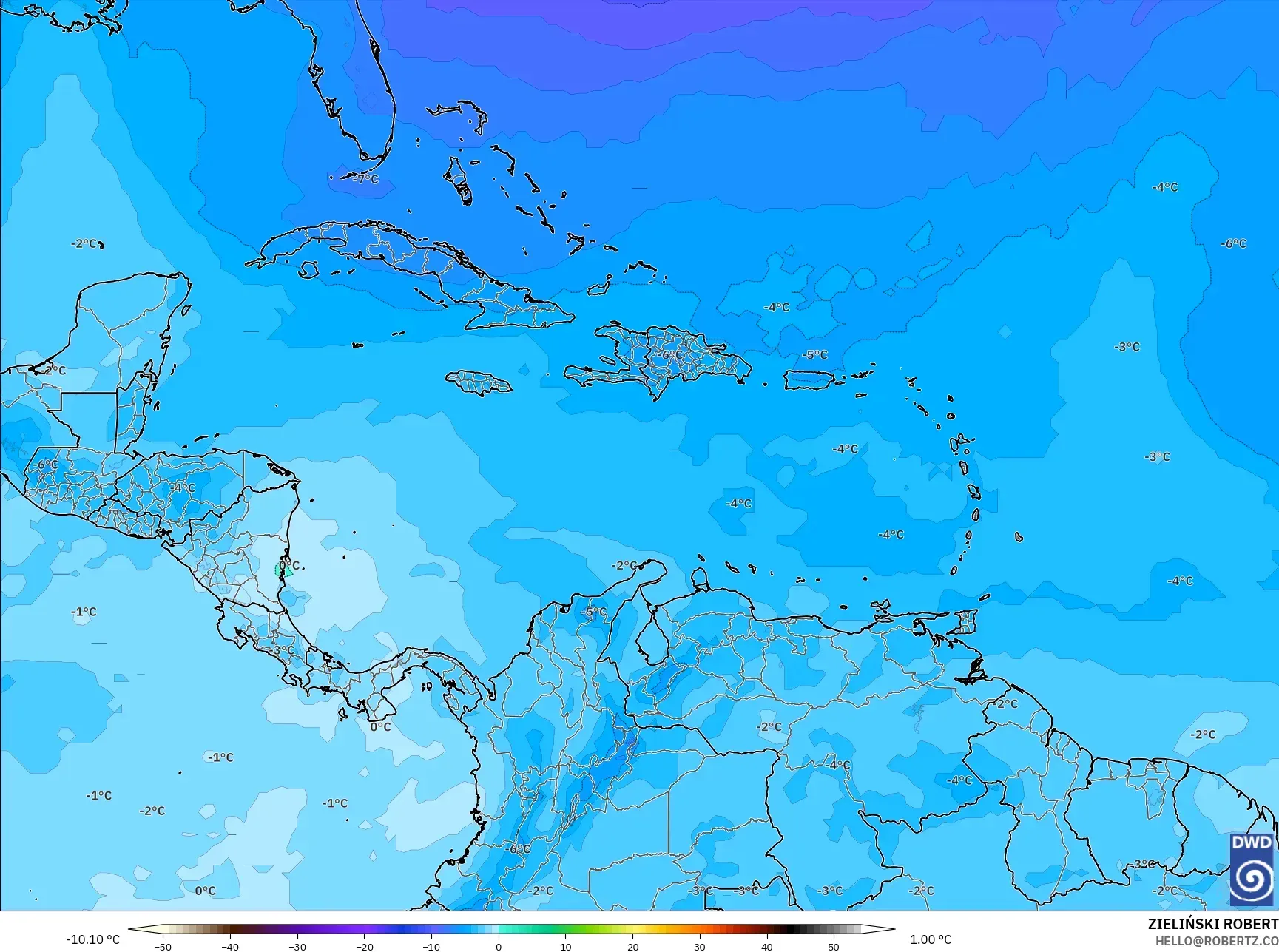 ICON model - Karibia, Suhu 500 hPa