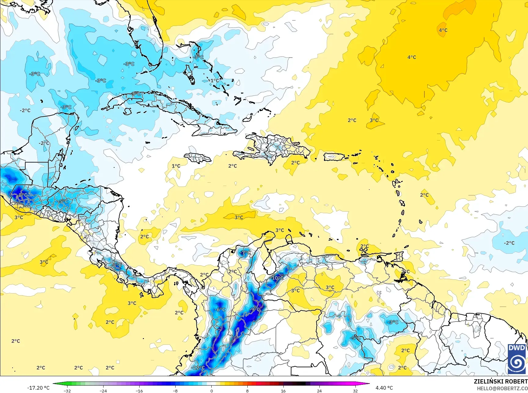 ICON model - Karibia, Anomali Suhu 850 hPa