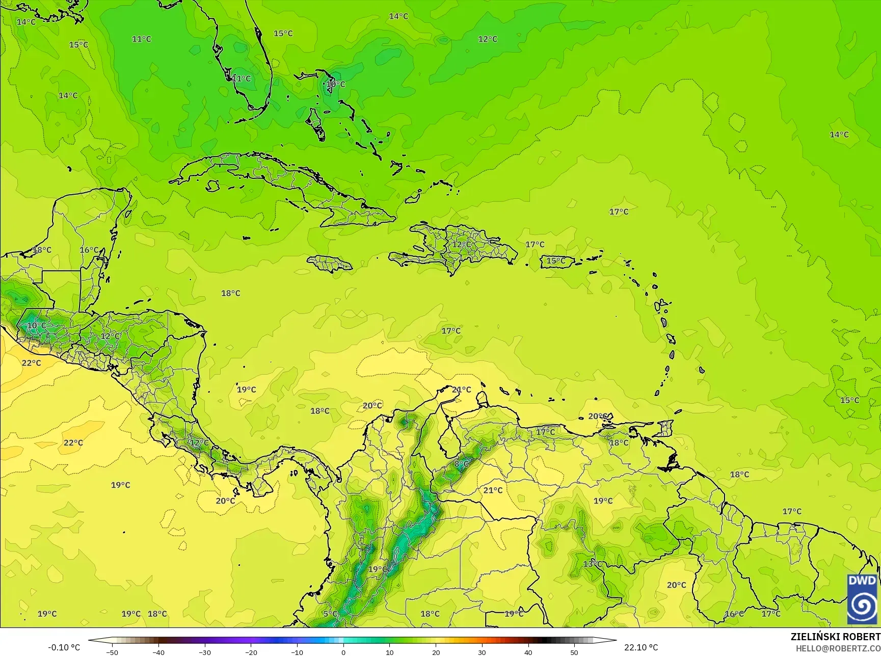 ICON model - Karibia, Suhu 850 hPa